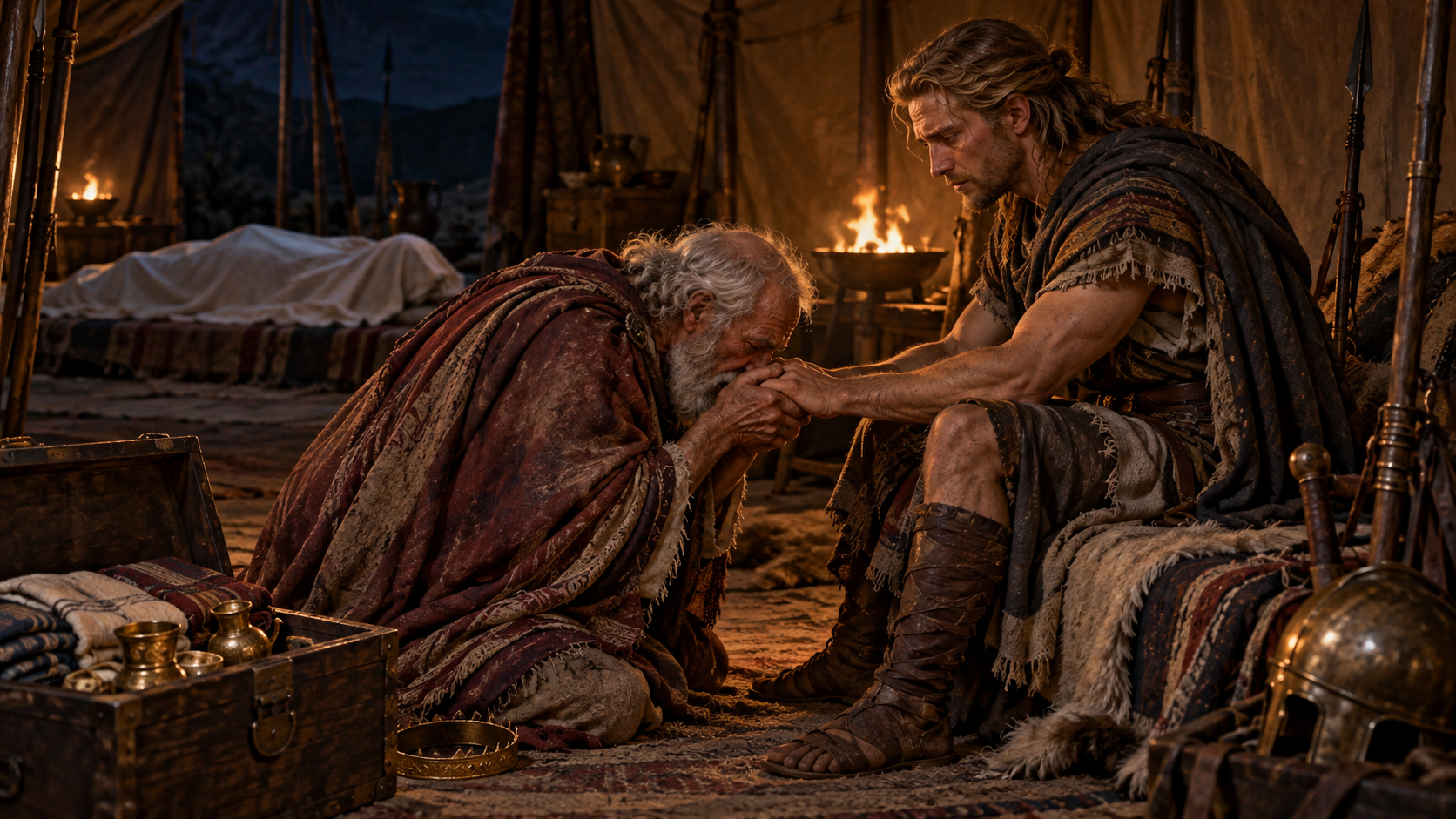 Priam kneels before Achilles and holds his hands inside a firelit war tent, with ransom gifts nearby and Hector's shrouded body in the background.