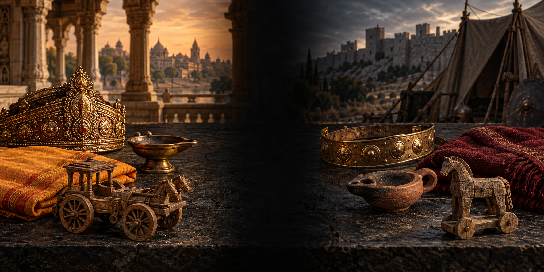 Two separate mourning still lifes show an Indian royal crown, lamp, cloth, and toy chariot on one side and a Trojan circlet, lamp, cloak, and wooden horse on the other.