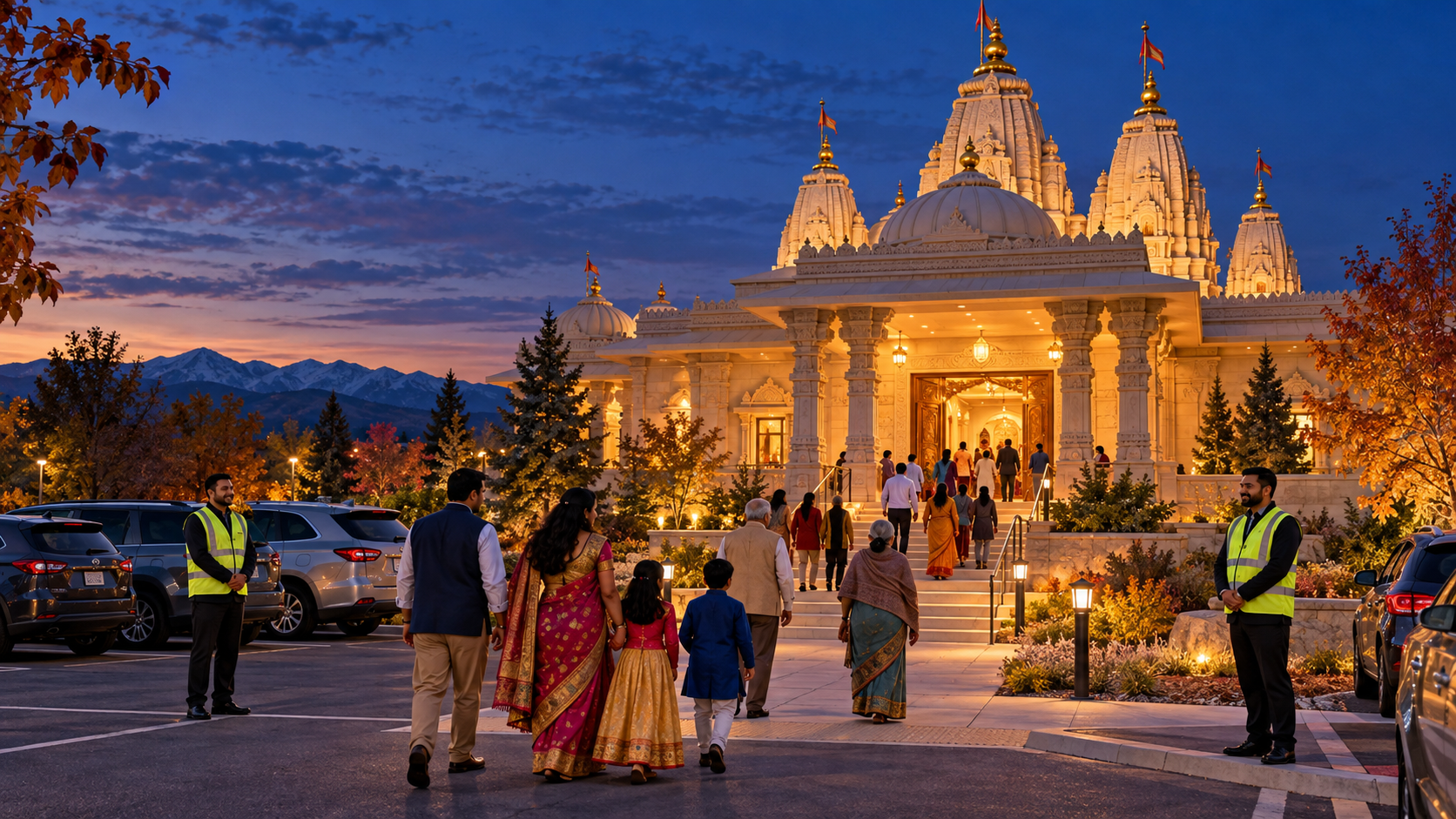 Families approach a warmly lit Hindu temple at dusk while community volunteers calmly monitor the entrance and parking area.