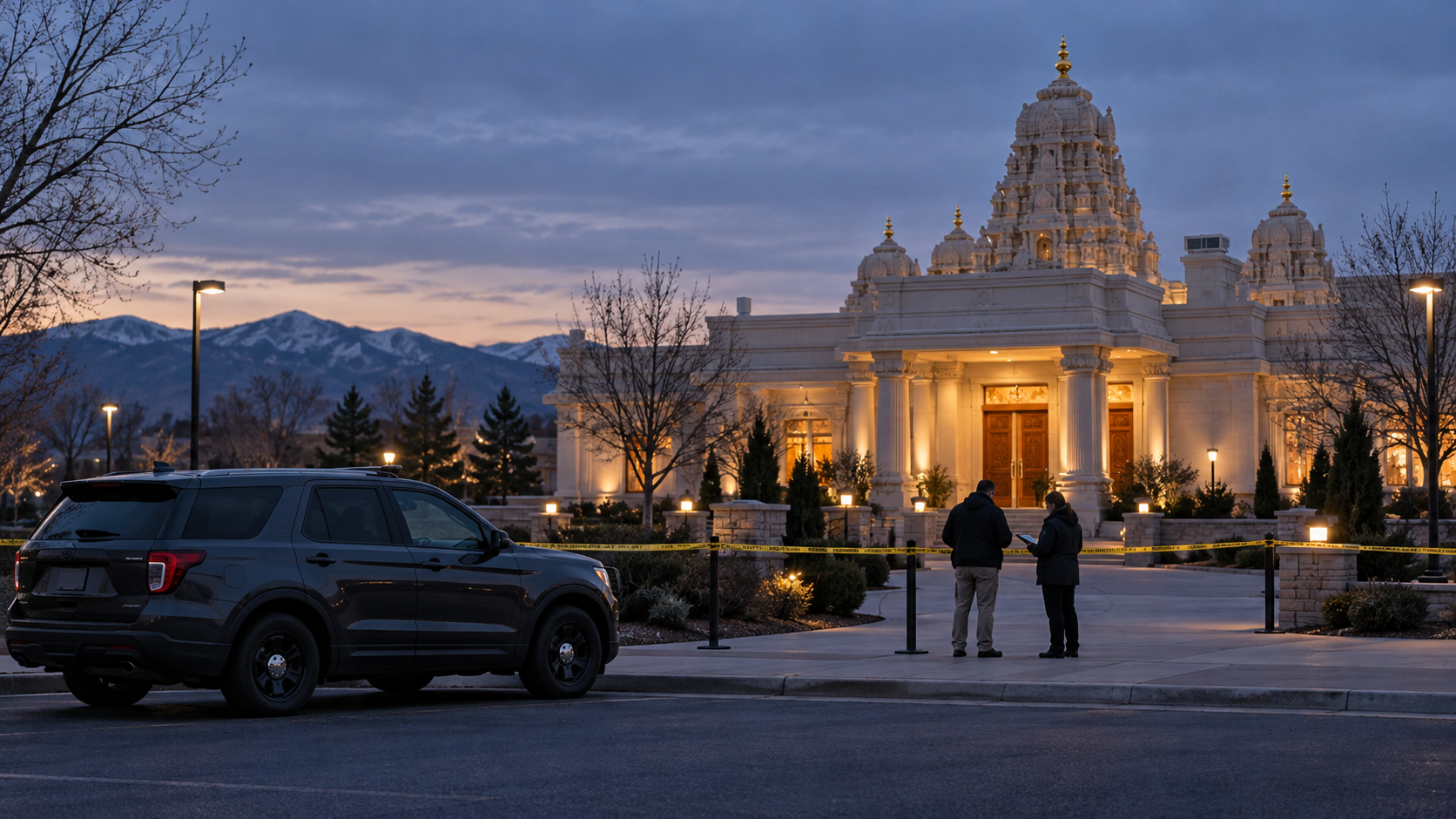 An illuminated Hindu temple stands behind a perimeter barrier as investigators confer near an unmarked patrol vehicle.