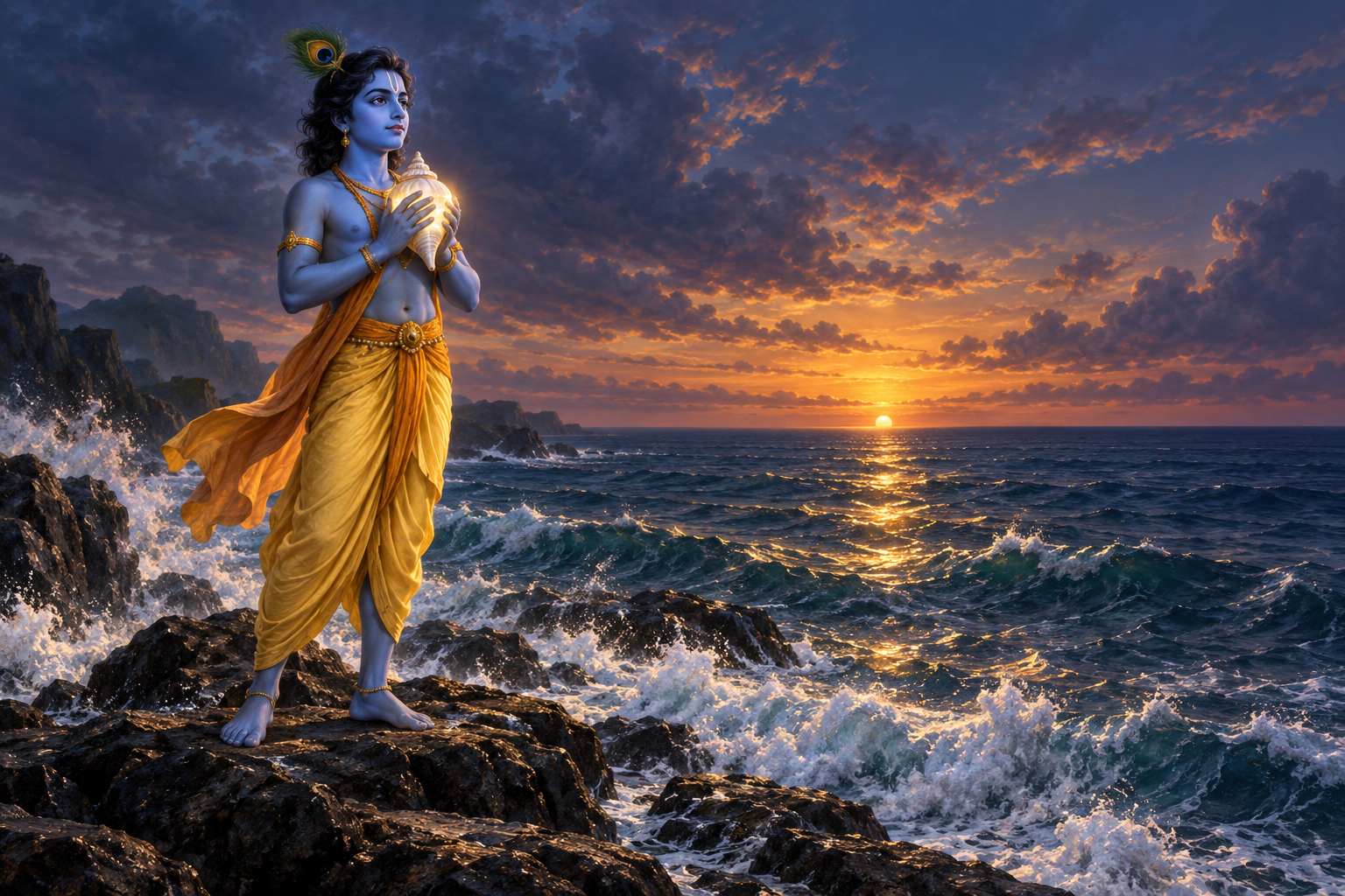 Krishna stands beside a twilight ocean holding a luminous white conch as waves break around the rocks.
