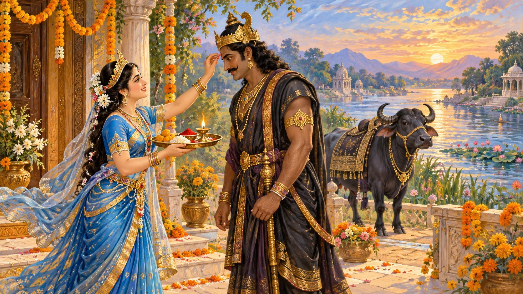 A mythic sister welcomes her brother in a riverside courtyard with a ceremonial tray while a water buffalo waits in the distance.