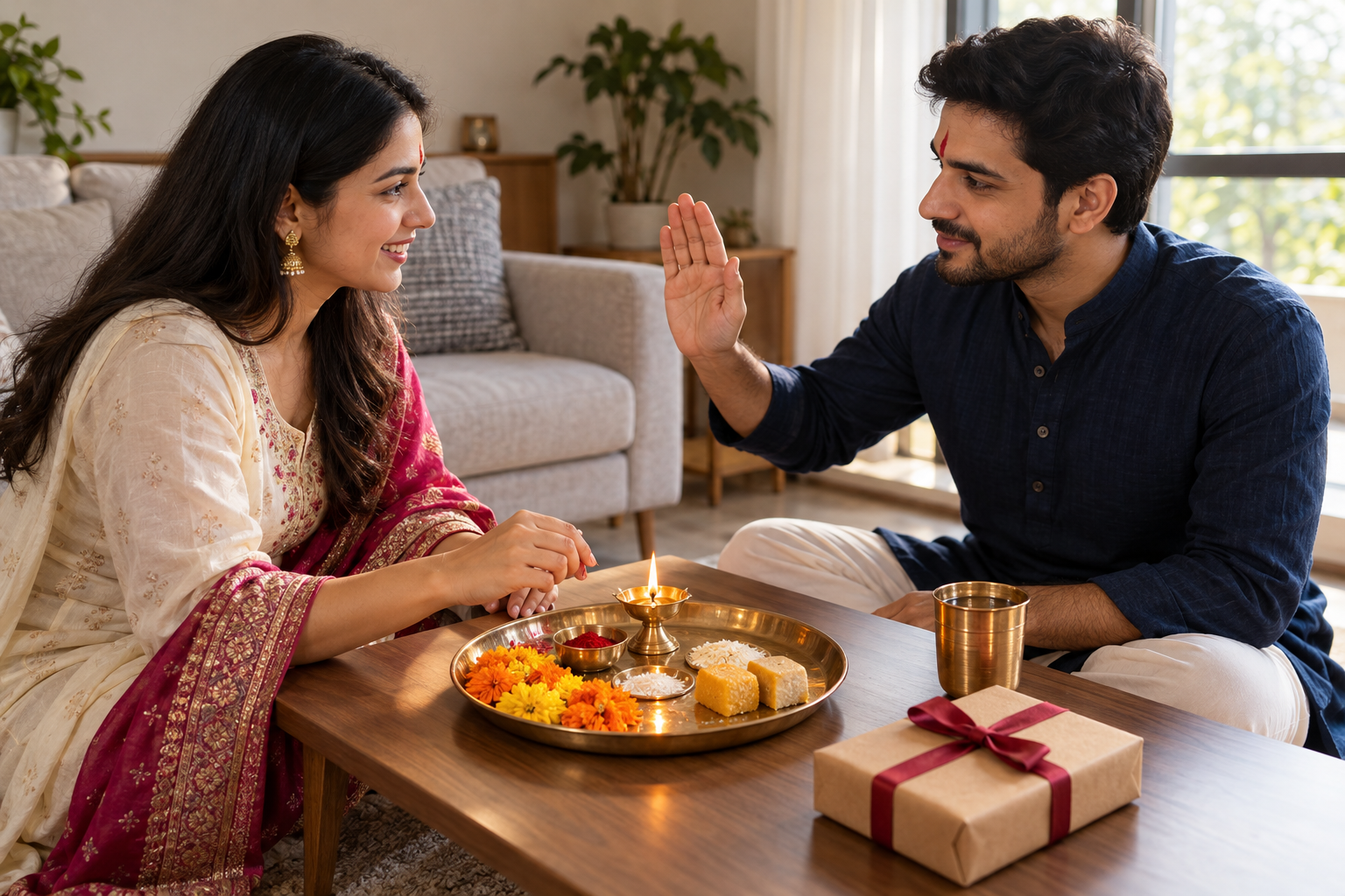 Two adult siblings share a simple Bhai Dooj ritual at home with a diya, kumkum, rice, marigold petals, sweets, and a gift.