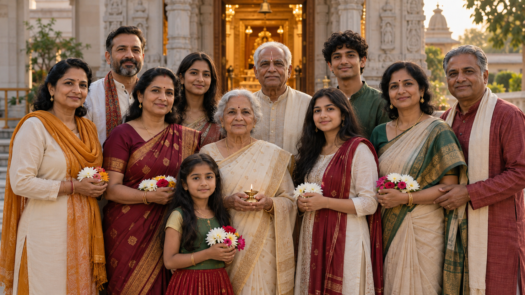 A multigenerational Hindu community stands together in a sunlit temple courtyard with flowers and a small brass lamp.