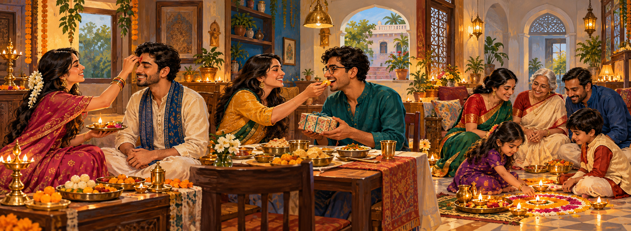 Three Indian families observe Bhai Dooj in different home settings through tilak, shared food, gifts, and blessings.