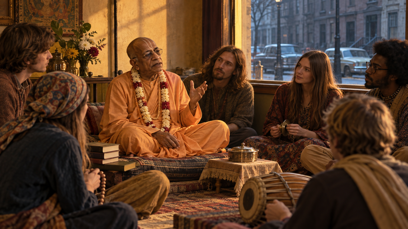 Srila Prabhupada sits in a modest 1960s storefront and teaches a diverse group gathered with devotional books, prayer beads, musical instruments, and vegetarian food.