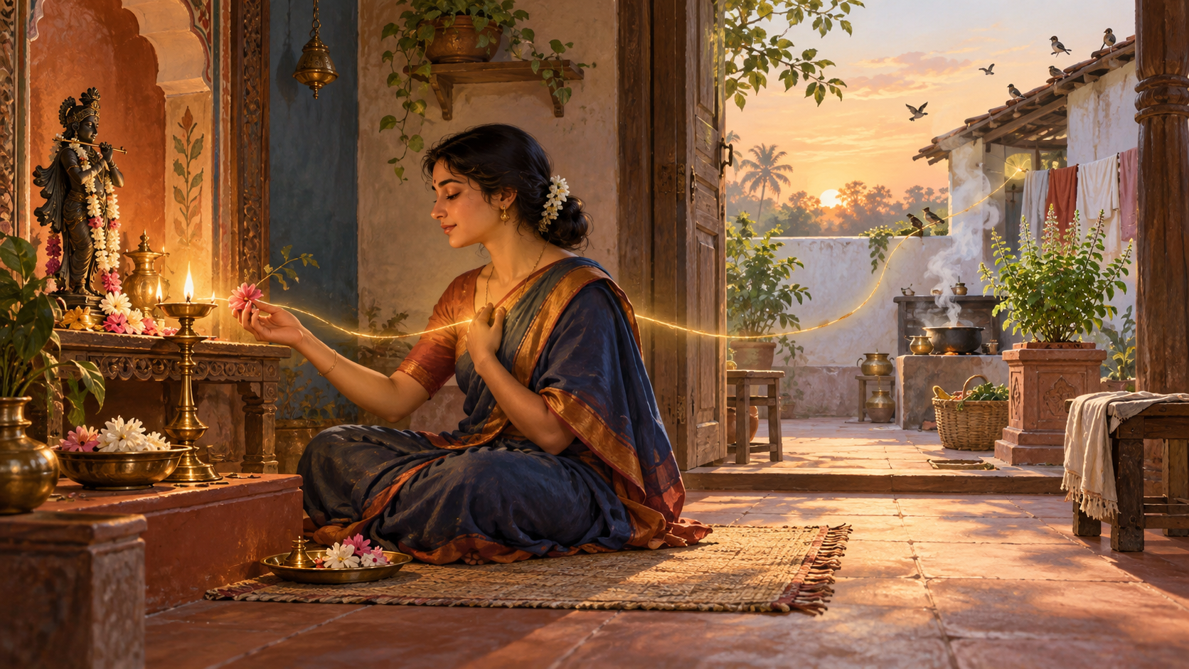 A devotee offers a flower at a small lamp-lit altar in a dawn courtyard, with household objects and an open doorway nearby.