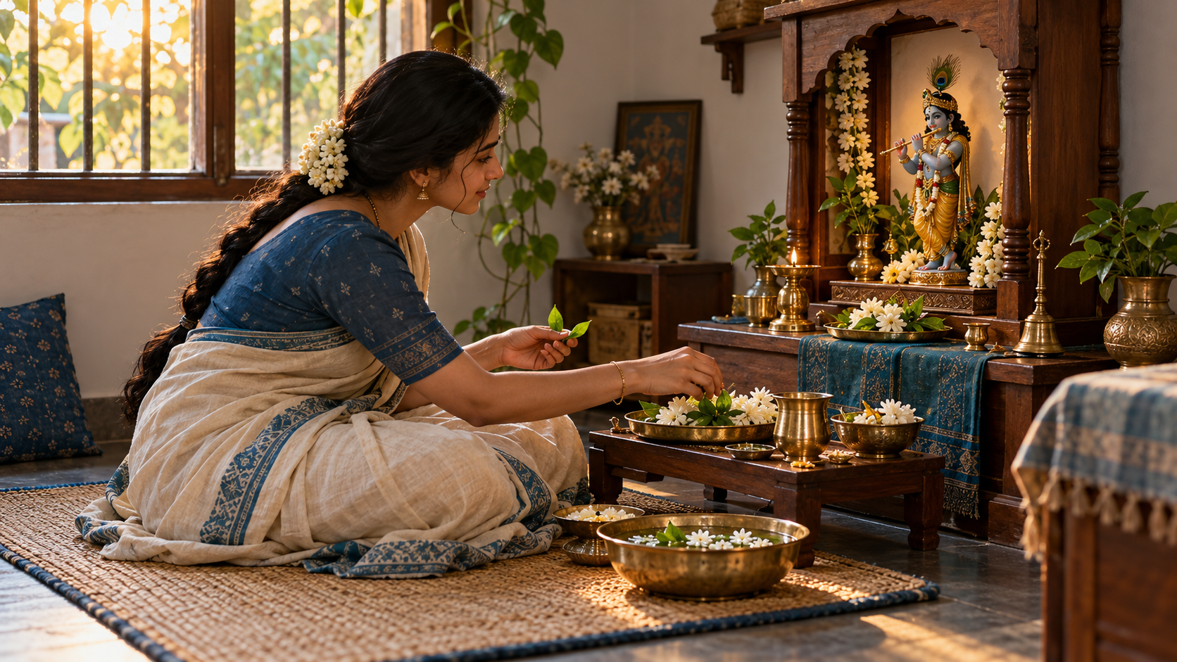 A calm devotee arranges water, leaves, and flowers before a small household shrine depicting Krishna.