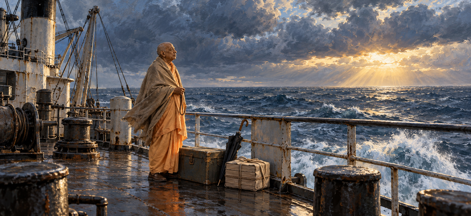 Srila Prabhupada stands with prayer beads and a parcel of books on the windswept deck of a cargo ship crossing the Atlantic.