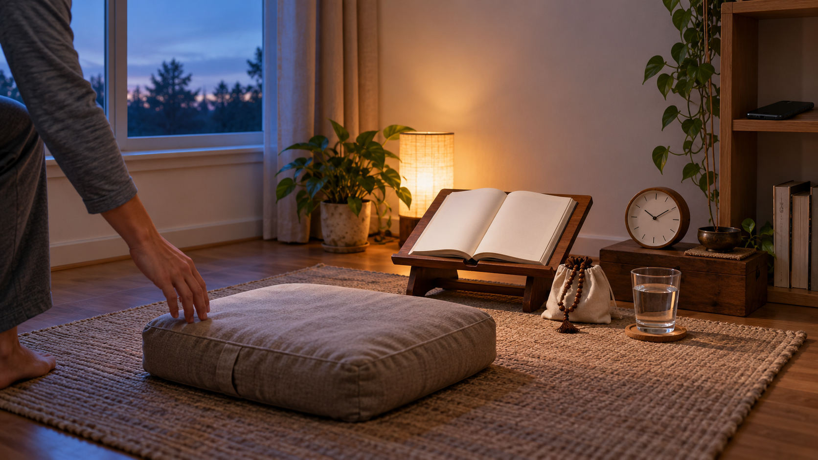 A prepared practice corner contains an open book, chanting beads, a cushion, water, and a clock, while a phone rests face down on a distant shelf.