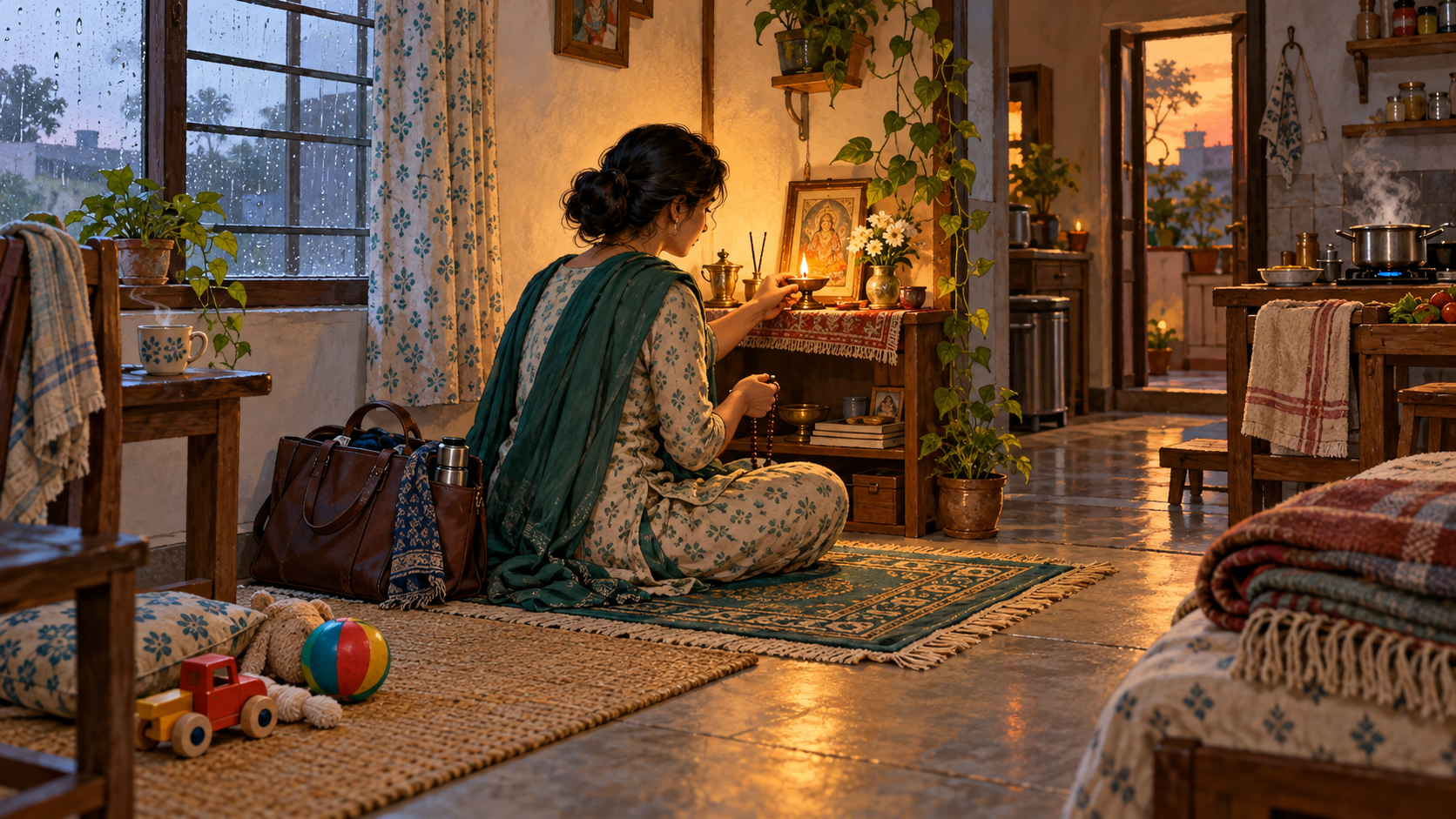 A householder lights an oil lamp at a small prayer corner surrounded by a work bag, cooking pot, toy, and other signs of daily life.