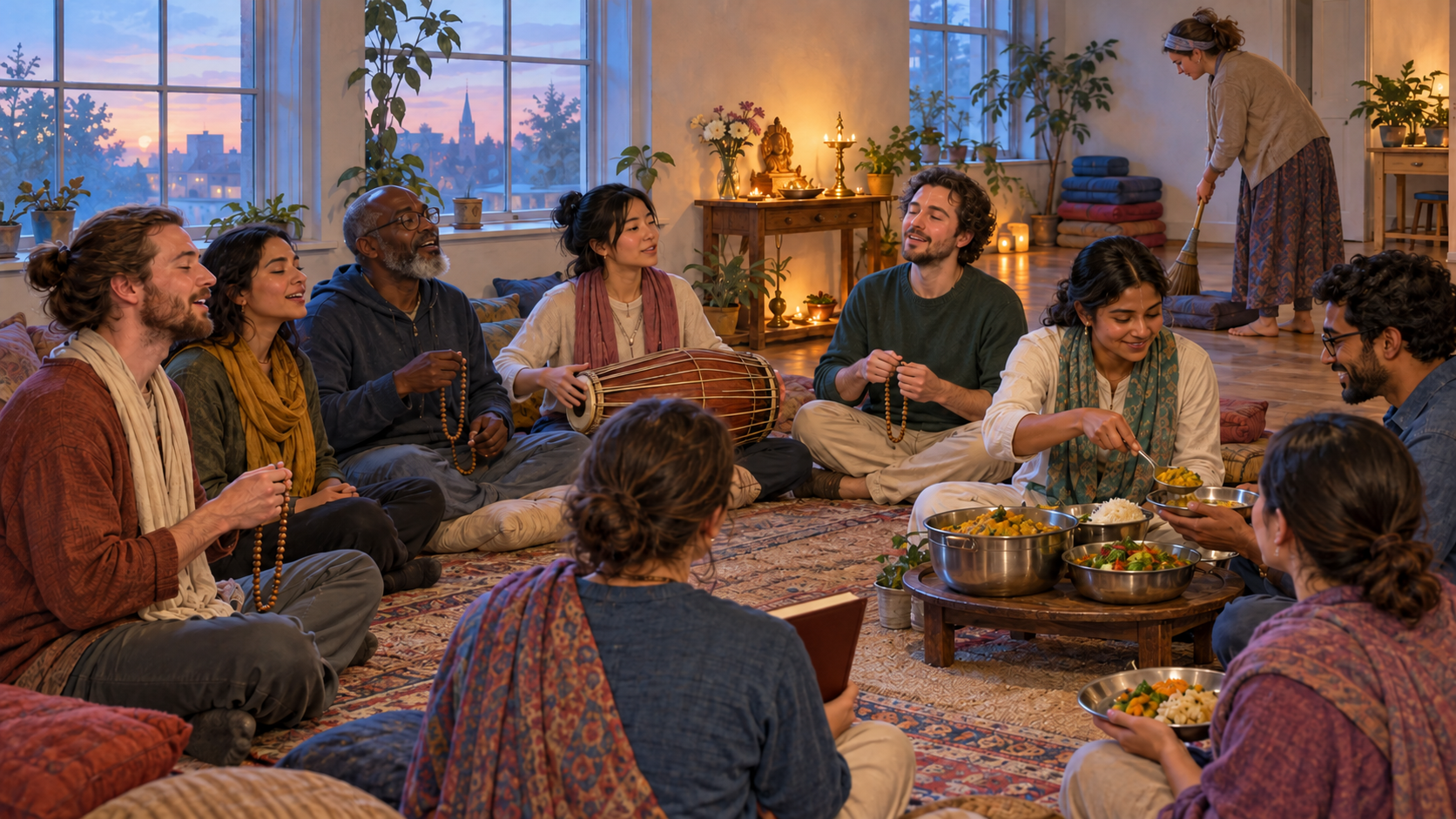 A diverse group chants, studies devotional books, serves vegetarian prasada, and cleans together in a simple community room at dawn.