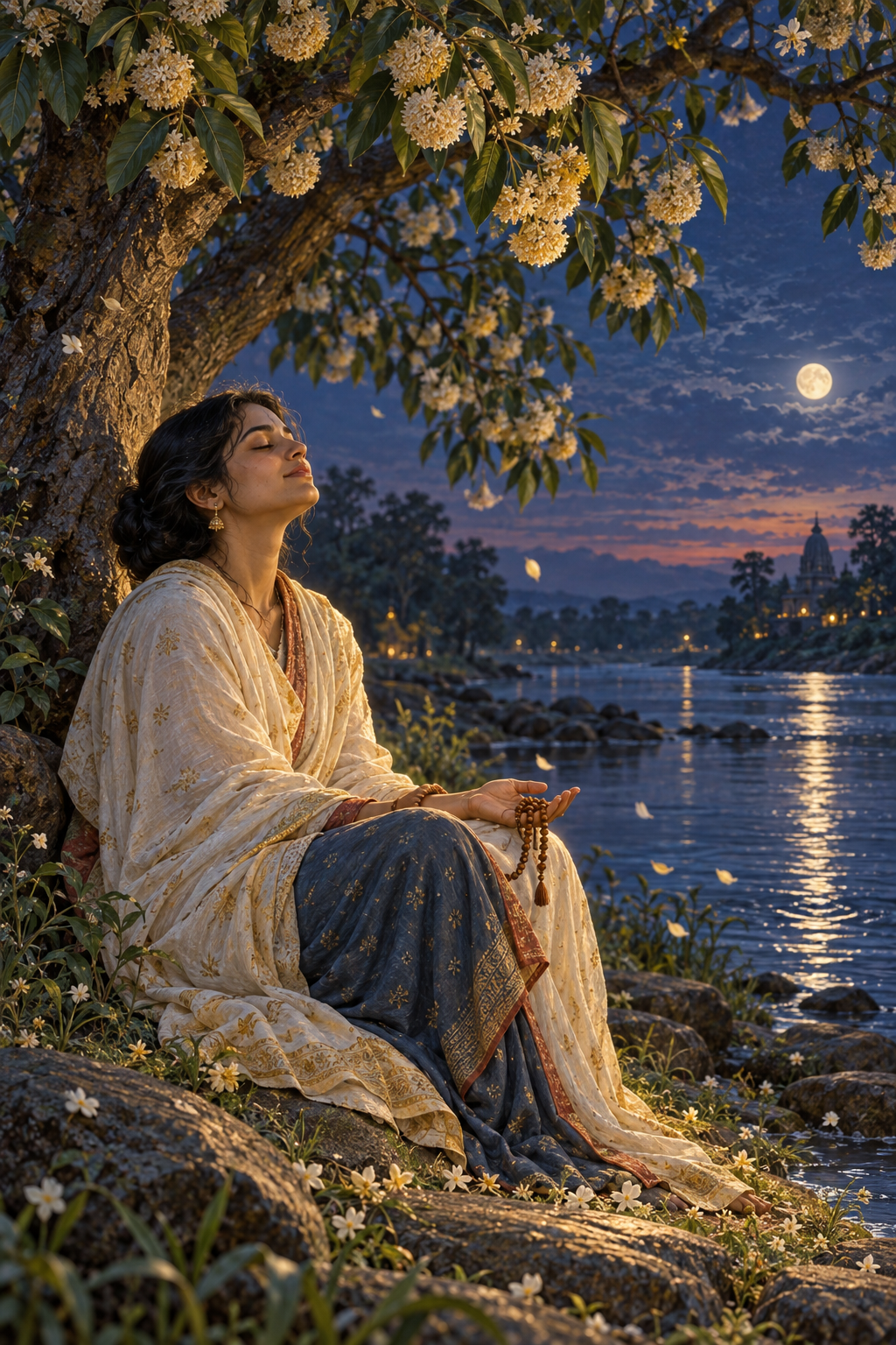 A devotee stands beneath a flowering tree at twilight with prayer beads resting in an open hand as petals move in the breeze.