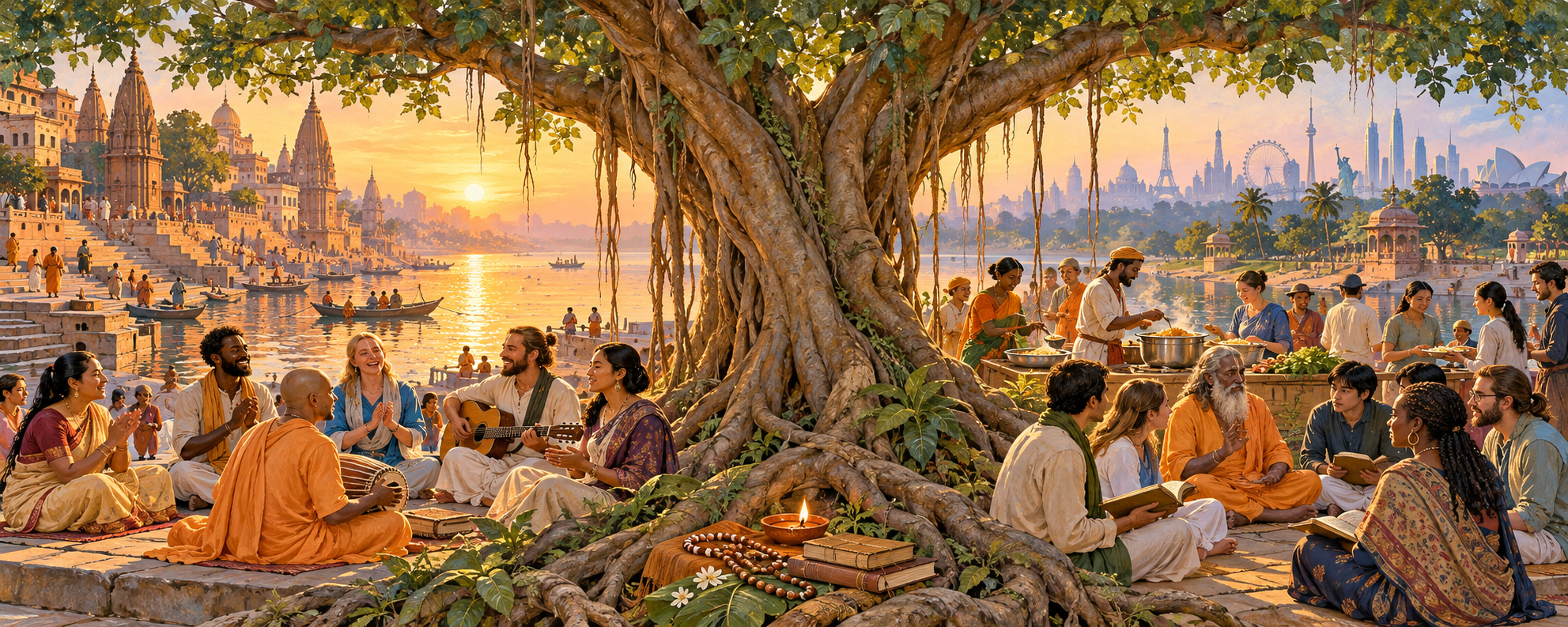 A large banyan tree rooted beside an Indian river shelters diverse groups who chant, study, cook, and share food, with distant world cities on the horizon.