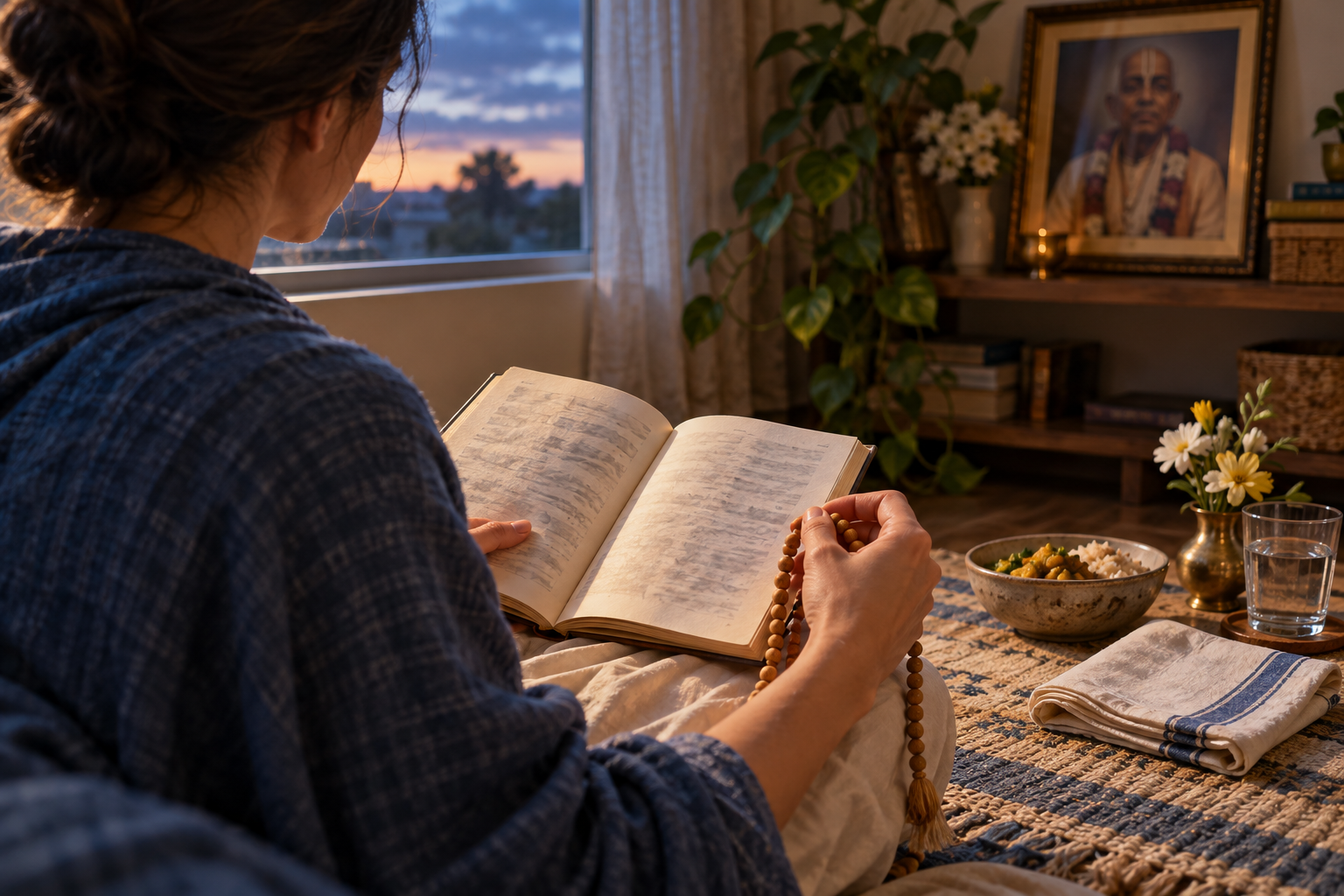 A person sits at home before sunrise with prayer beads, an open devotional book, flowers, and a bowl of vegetarian food beside a softly focused teacher portrait.