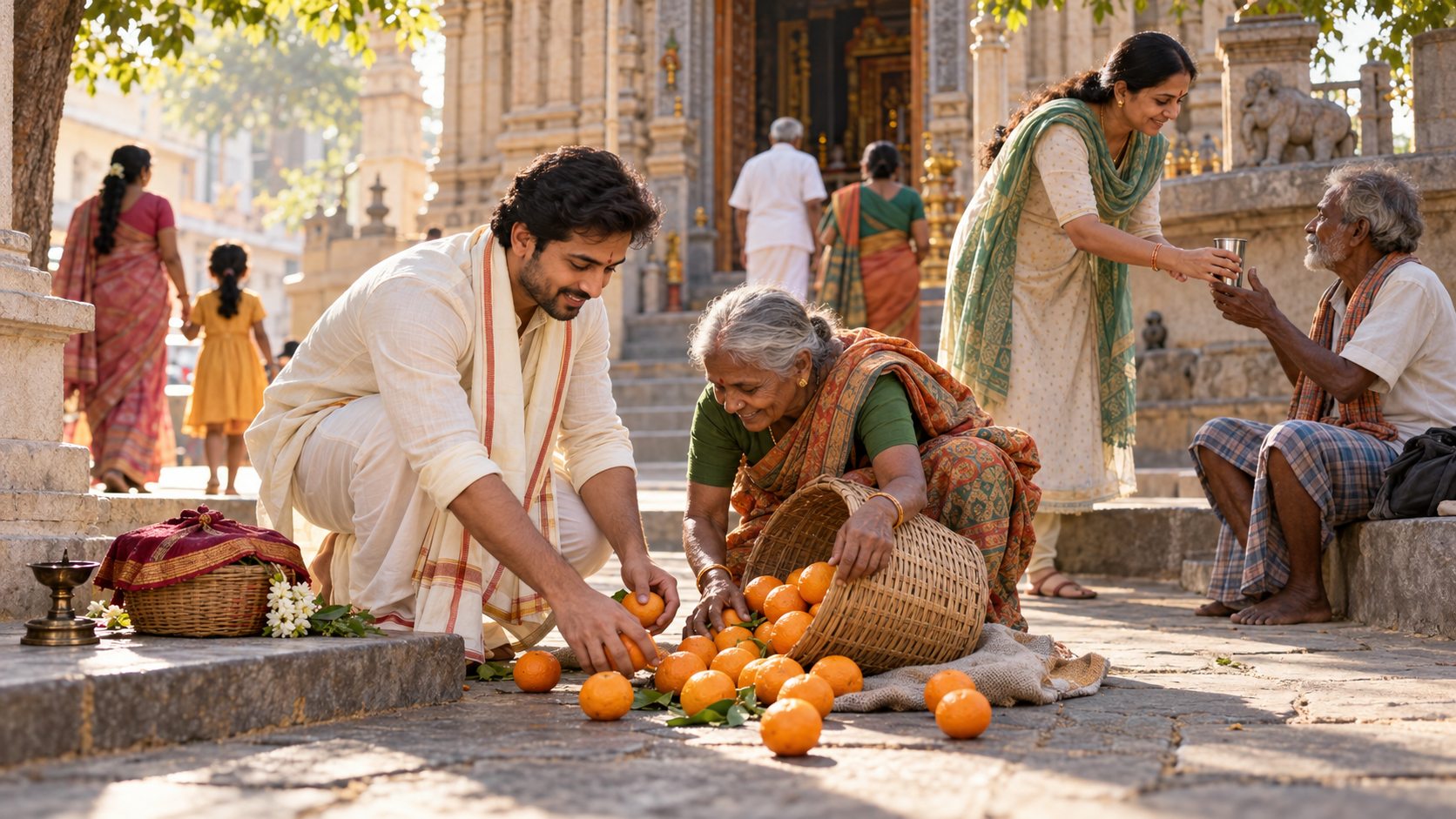 Outside a temple courtyard, a devotee helps an elderly fruit seller collect spilled oranges while offering water to another person.