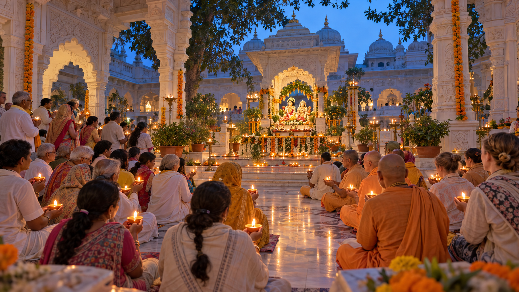 Devotees offer glowing clay lamps in a white stone temple courtyard in Vrindavan at dusk.