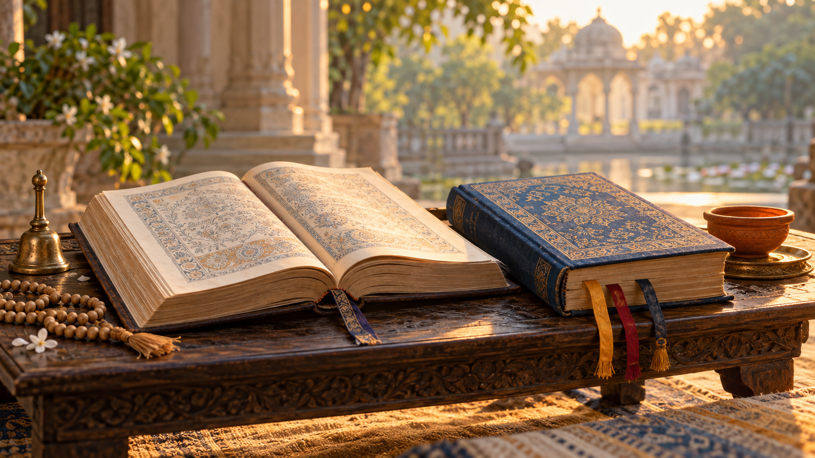 Two sacred scripture volumes, prayer beads, a brass bell, and an oil lamp arranged on a wooden reading desk at dawn.