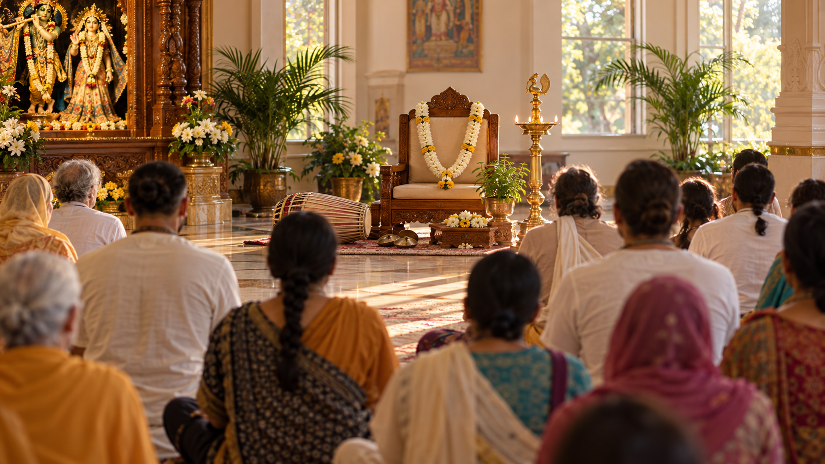 Devotees sit attentively in a temple hall before an empty garlanded seat, an oil lamp, tulasi leaves, kartals, and a mridanga drum.