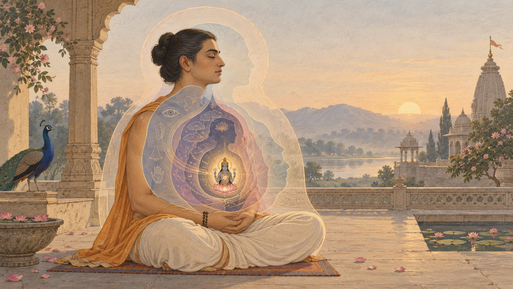 A seated meditator surrounded by translucent layers of sensory impressions and thoughts, all oriented toward a radiant sacred focus at the heart.