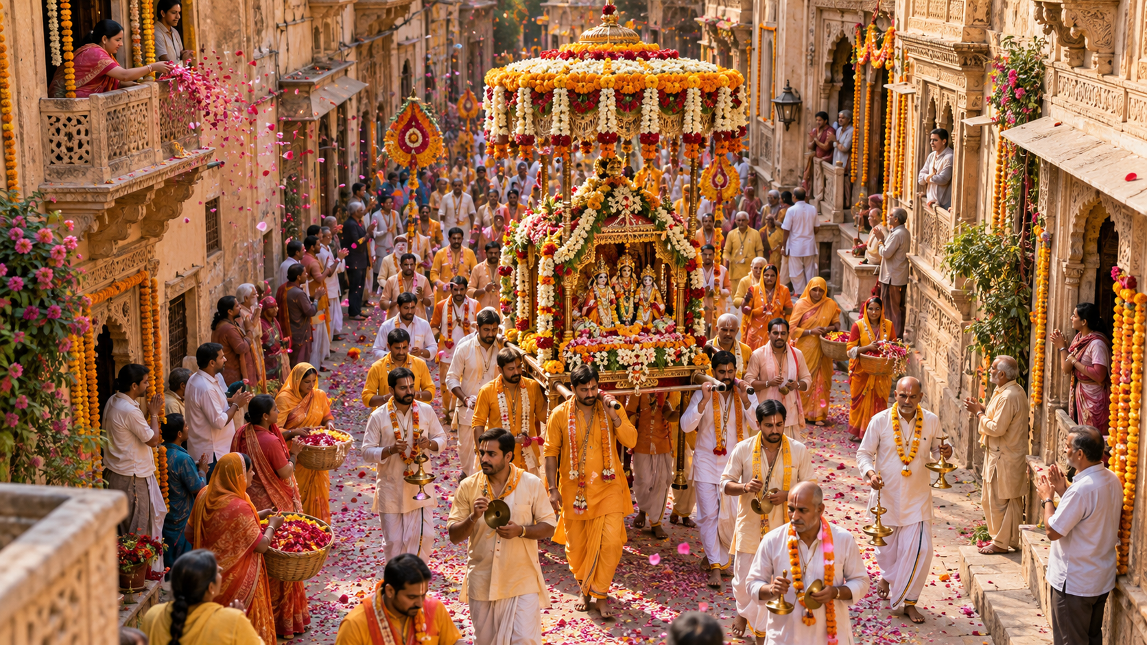 A flower-decorated devotional procession passes through a historic lane in Vrindavan as devotees walk alongside it.