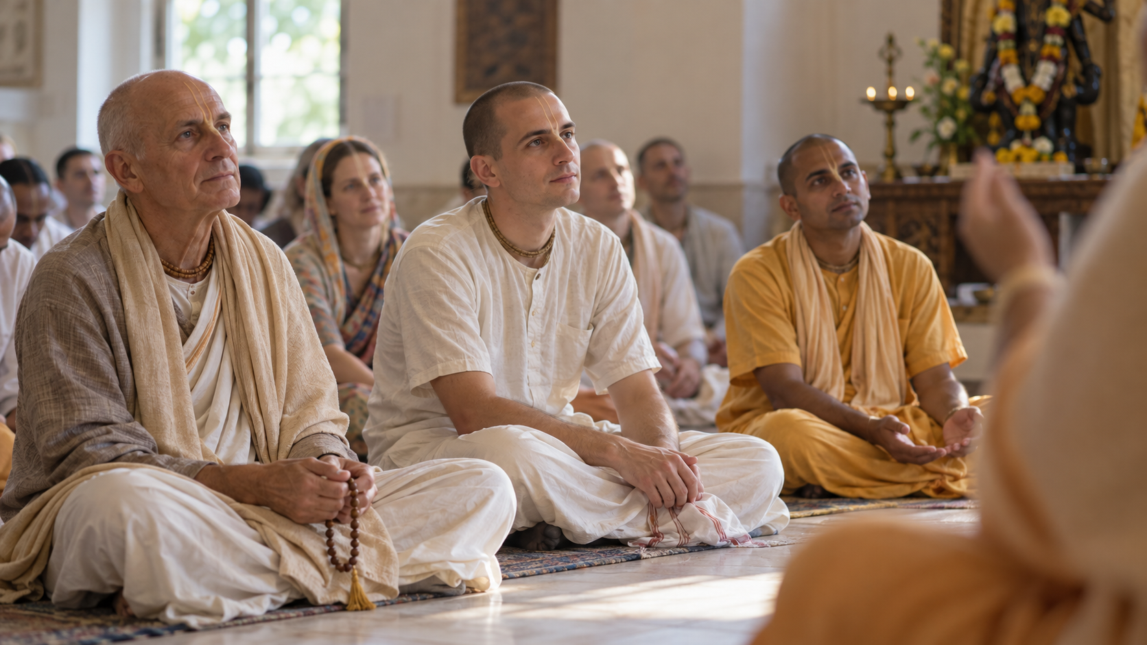 Devotees of different ages sit quietly in a temple hall, listening with attentive expressions while one person holds japa beads.