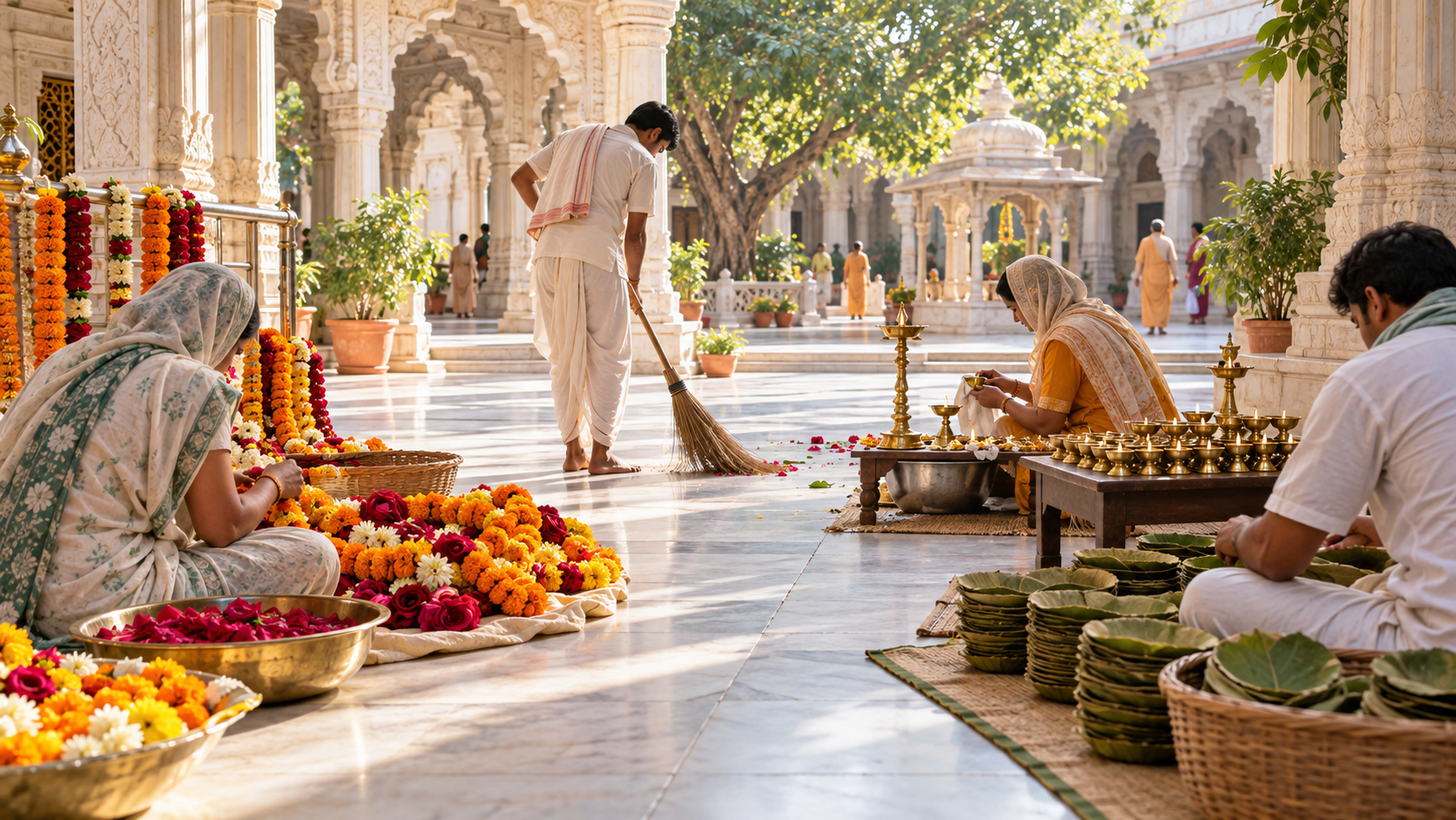 Volunteers arrange flowers, sweep the courtyard, prepare brass lamps, and organize offerings for temple service.