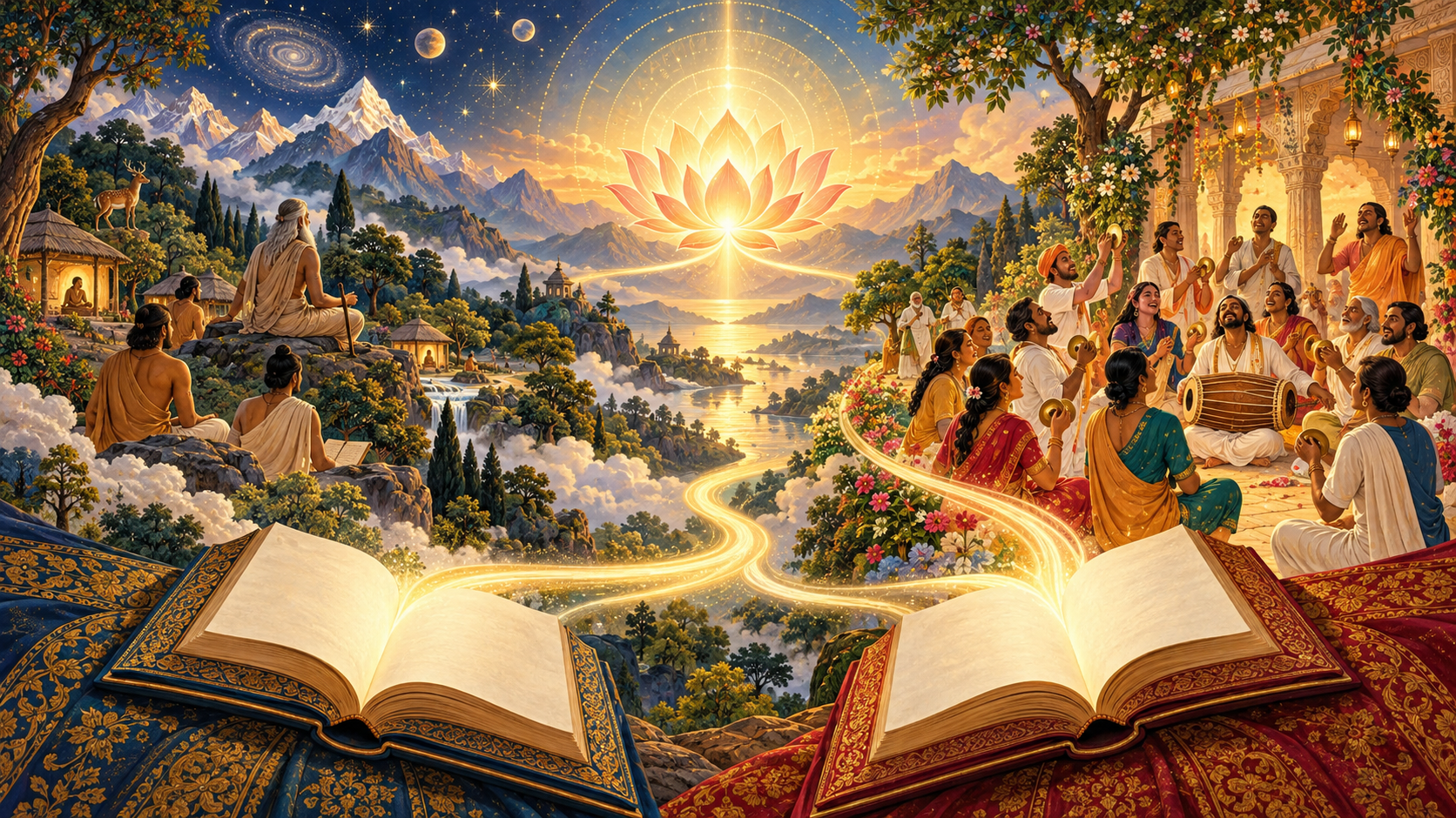 Two open books lead to connected scenes of contemplative sages and devotees gathered for congregational singing.