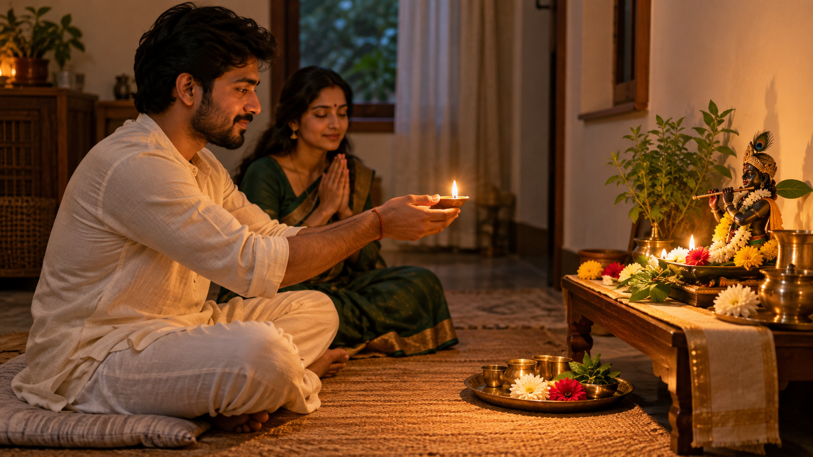 Two devotees observe Kartik at home with prayer, flowers, tulsi leaves, and a glowing clay lamp before a small altar.