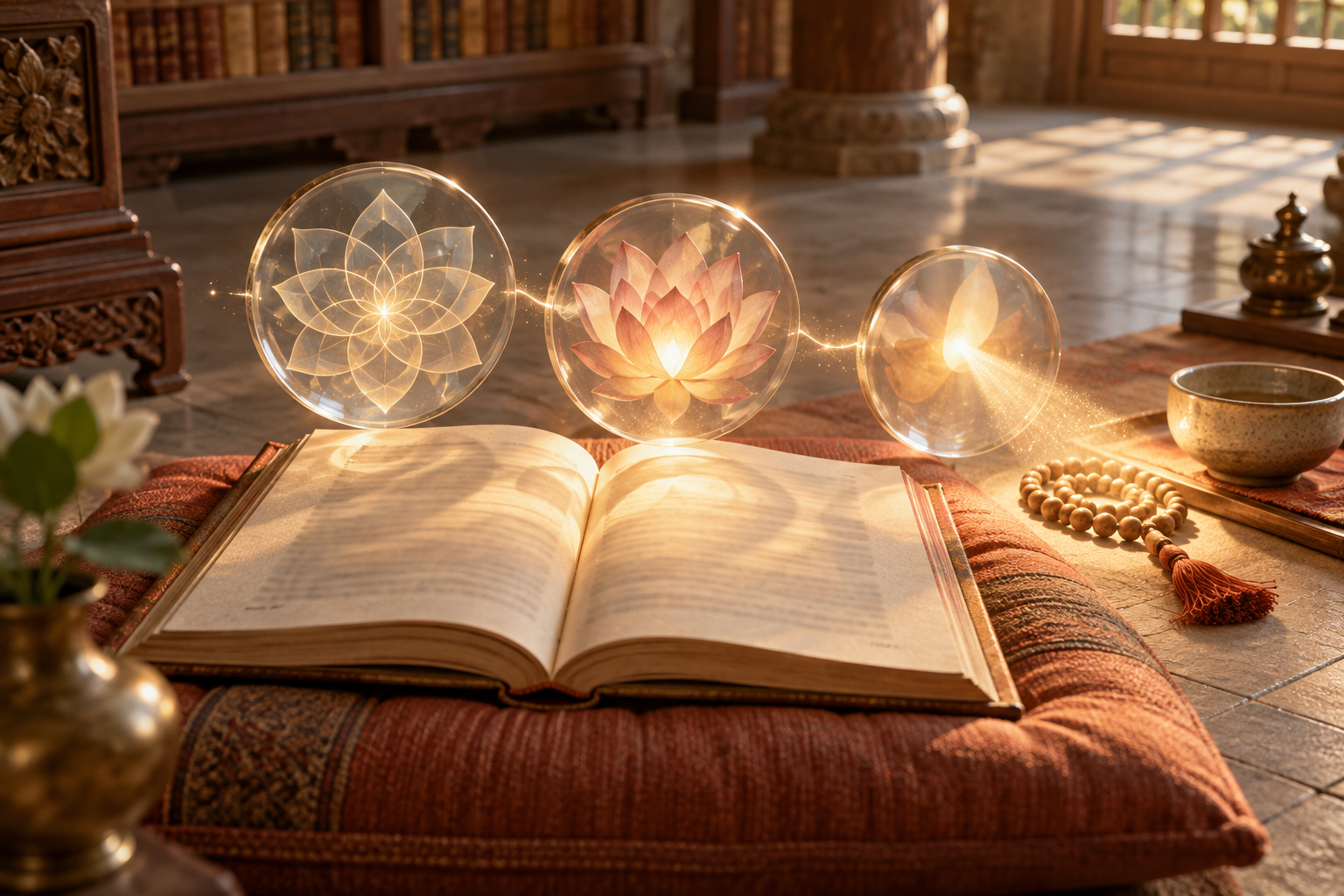 Three translucent lenses above an open book reveal a lotus pattern, flower-petal glow, and devotional objects.
