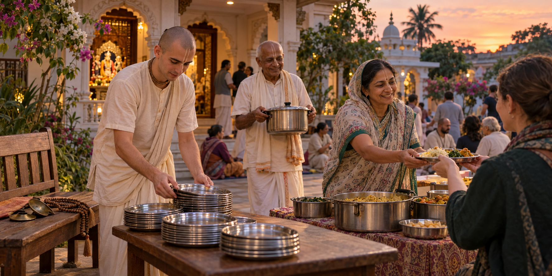 Three devotees prepare and offer plates of vegetarian prasadam in a temple courtyard, with kartals and japa beads resting nearby.