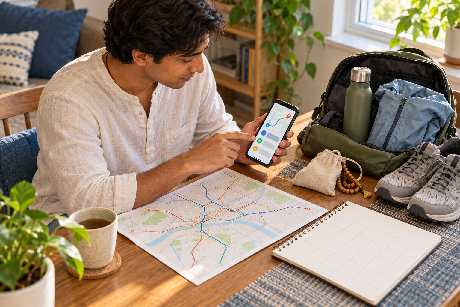 A person checks a smartphone beside walking shoes, a rain layer, a water bottle, a bead bag, and an unmarked transit map before leaving home.