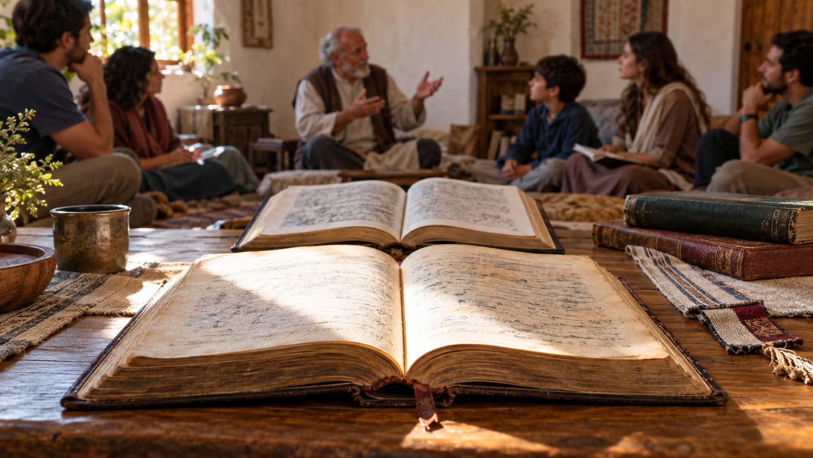 An open scripture, commentary volume, reference books, and a teacher-led study group appear in sequence across a quiet room.
