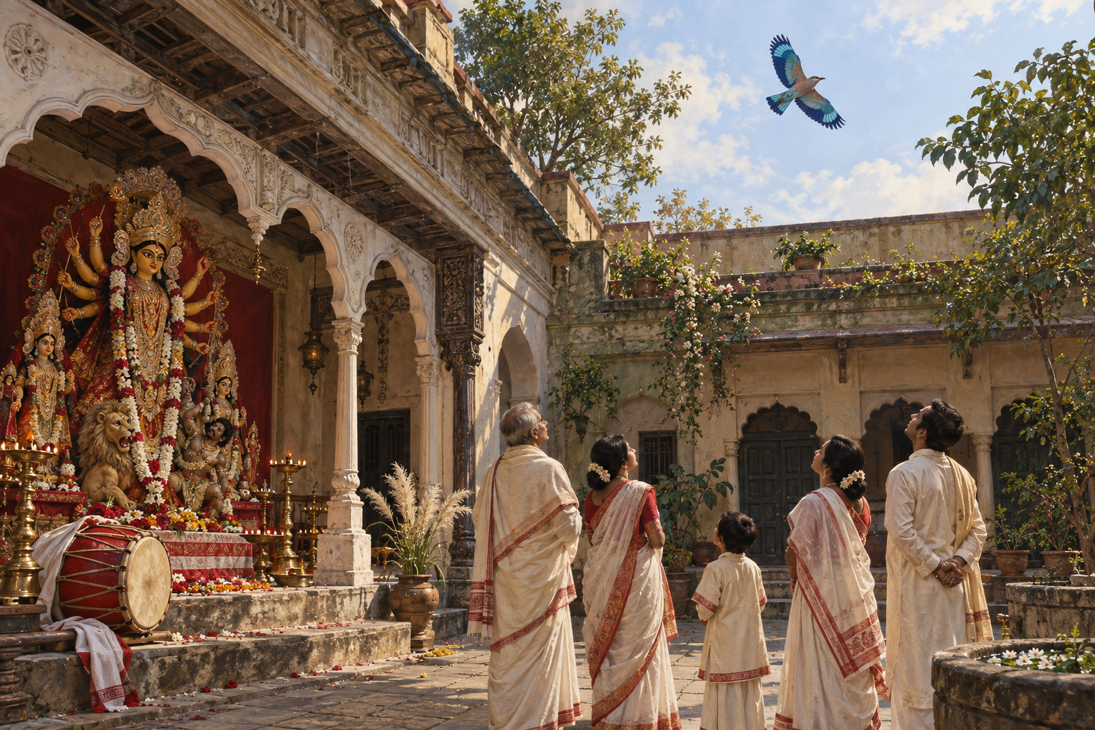 An Indian roller flies above a traditional Bengali household courtyard as a family observes a Dashami farewell ritual near a Durga image.