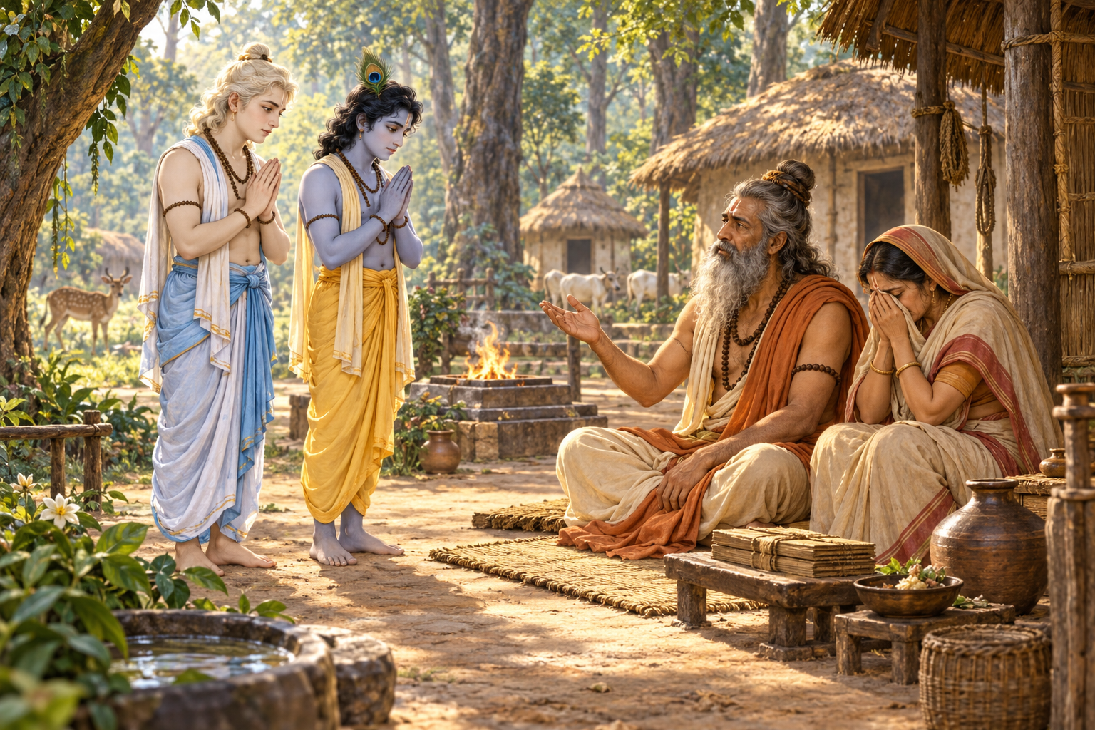 Krishna and Balarama stand with folded hands before their guru Sandipani and his wife at a forest hermitage.