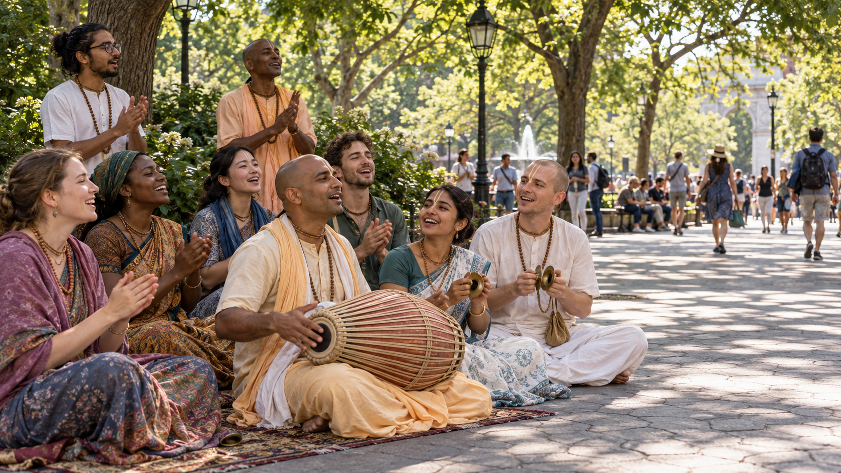 Vaishnava practitioners chant together with a drum and hand cymbals in a leafy public square as pedestrians watch nearby.