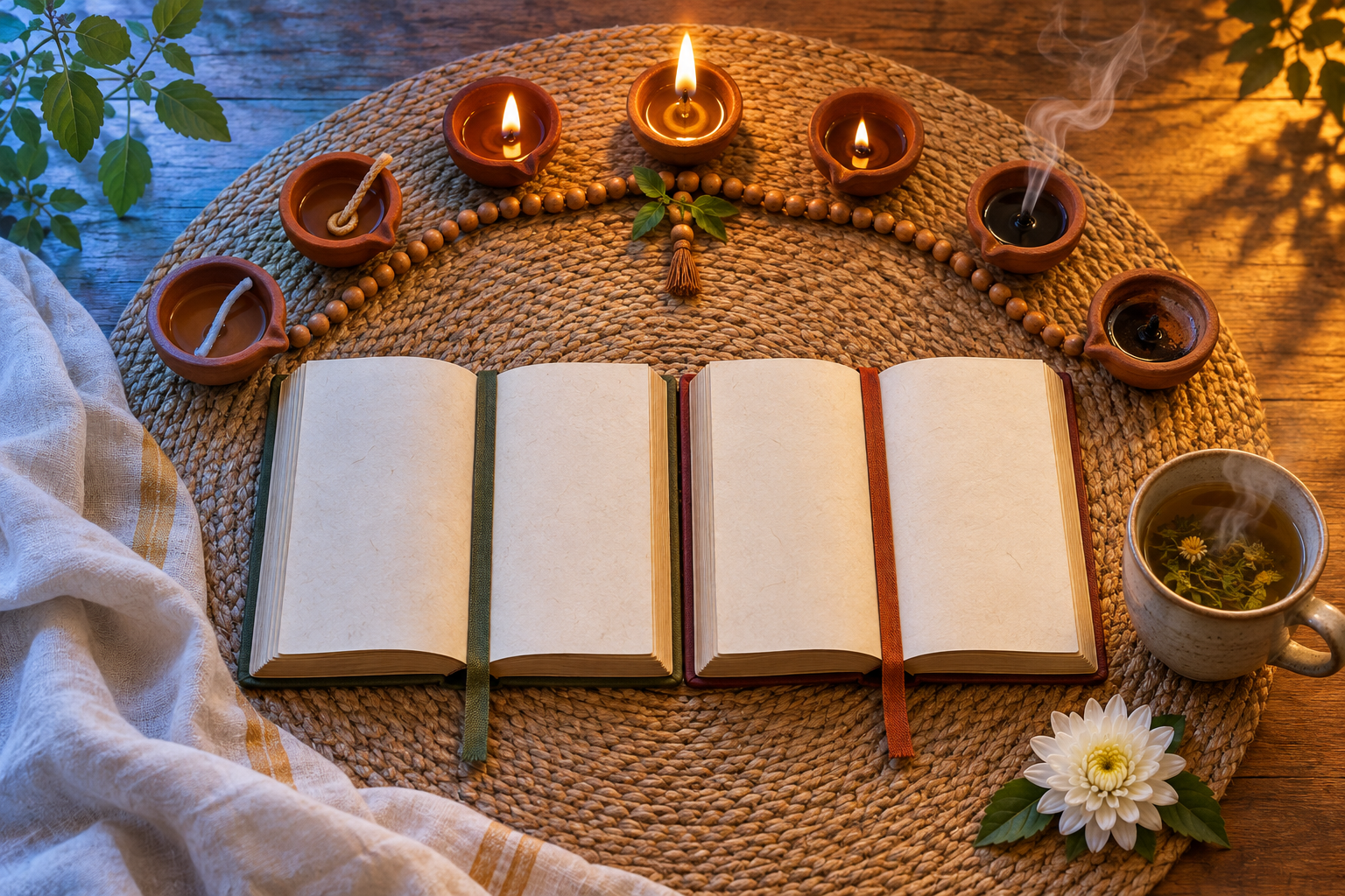 Two bookmarked open passages sit at the center of seven clay lamps, prayer beads, a flower, and a cup of tea.