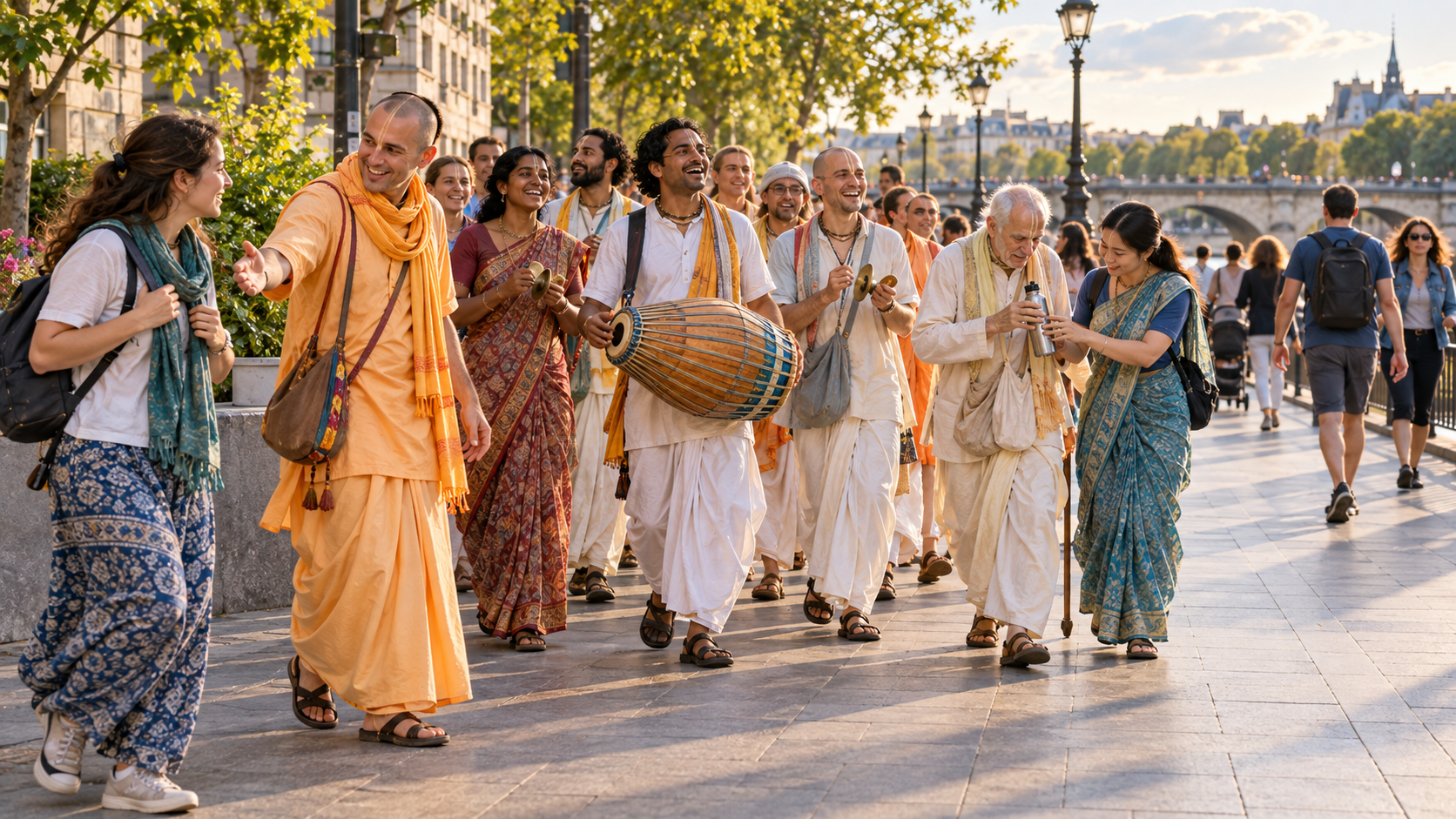 A newcomer joins the outer row of a Vaishnava chanting procession while the group keeps the pedestrian walkway clear.