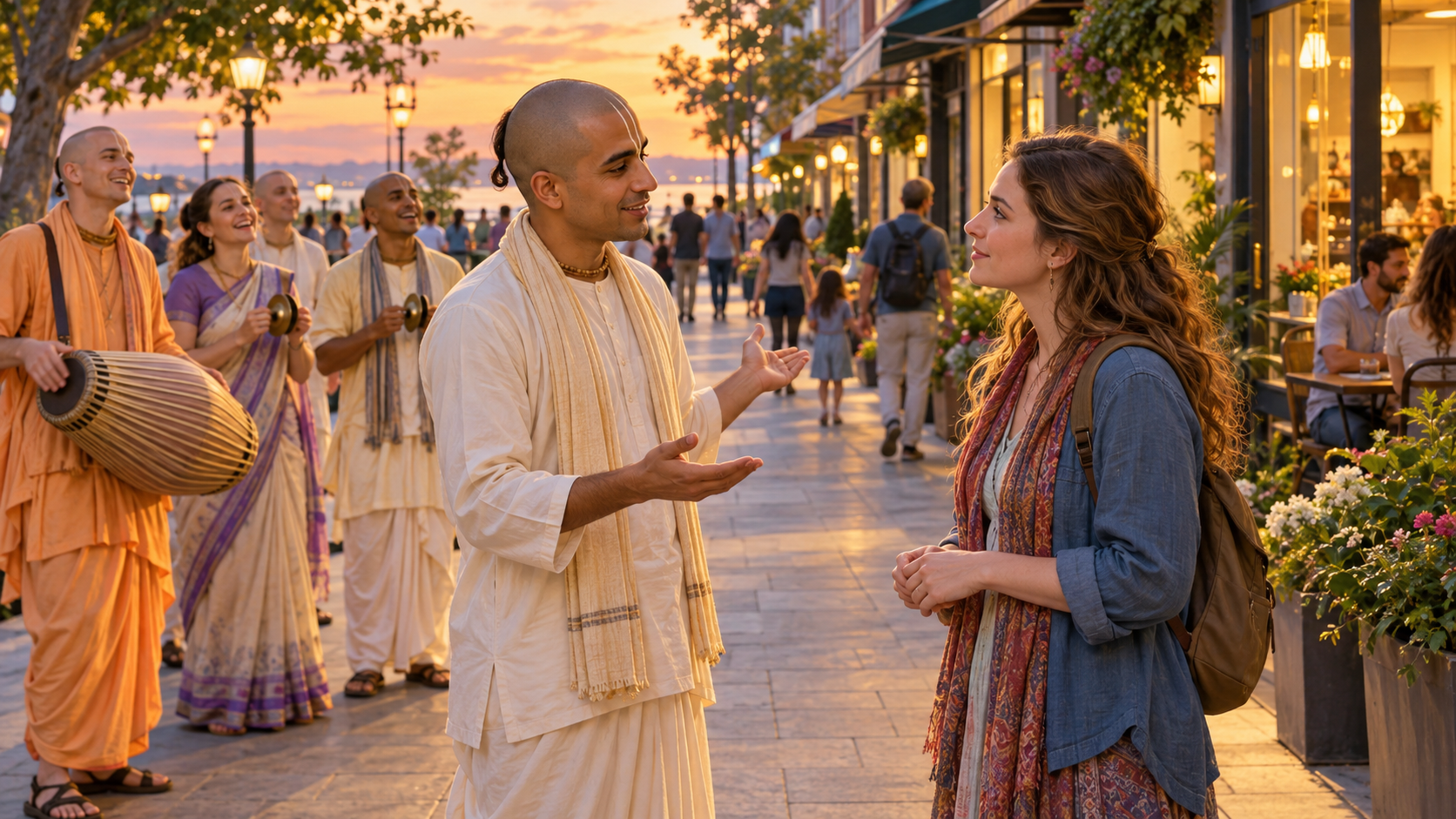 A Vaishnava participant speaks respectfully with a passerby while devotees chant behind them and keep nearby paths and entrances clear.