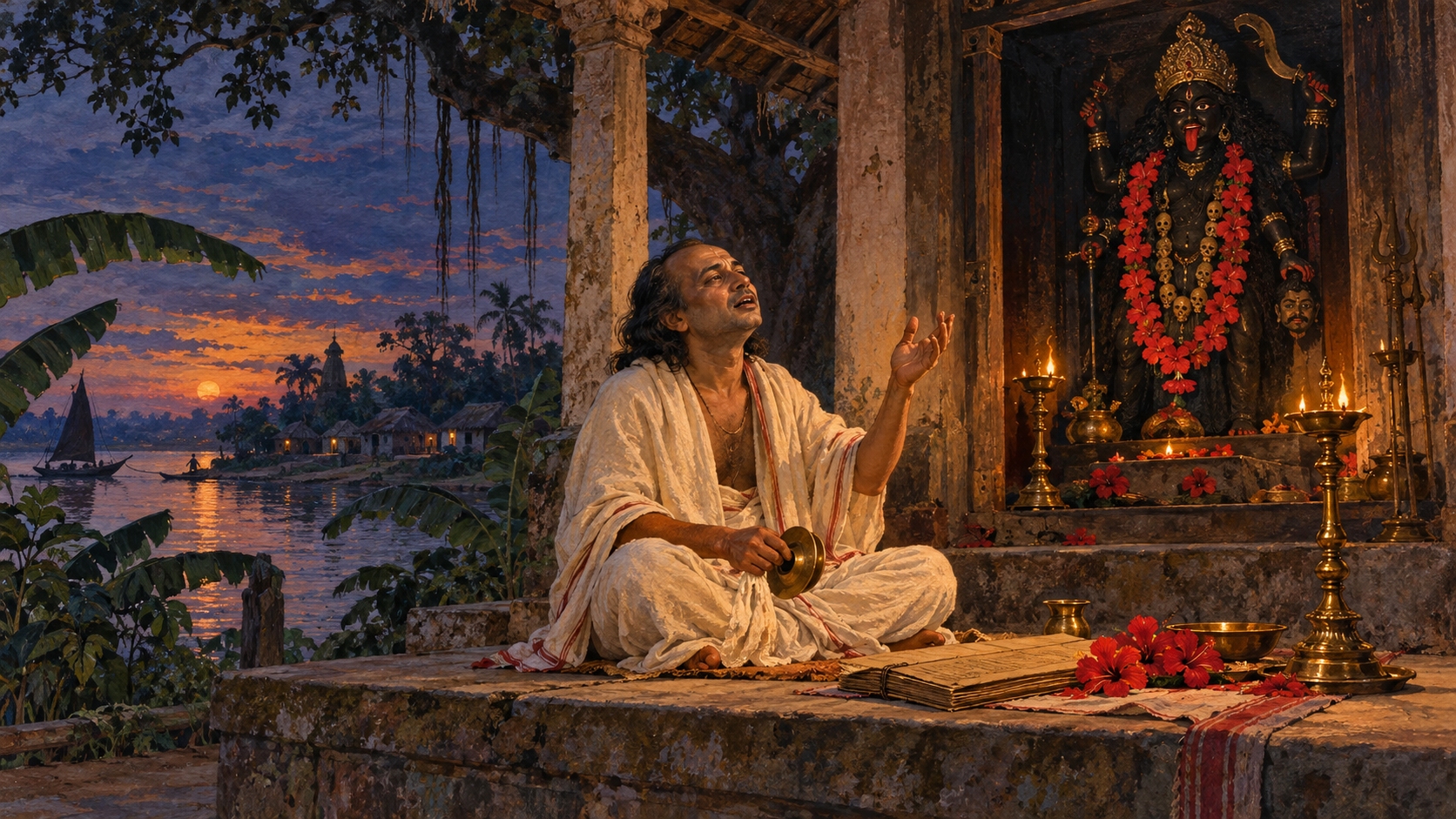 An imagined eighteenth-century Bengali poet-devotee sings beside an oil-lit Kali shrine near a river at twilight.
