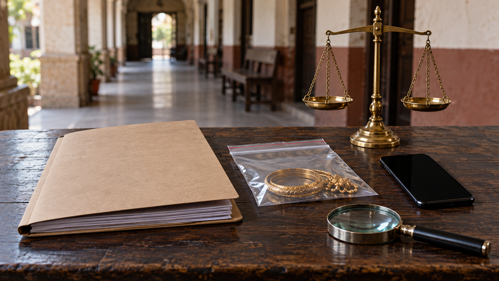 A case folder, jewelry evidence pouch, smartphone, magnifying glass, and balanced scales on a wooden desk near a courthouse corridor.