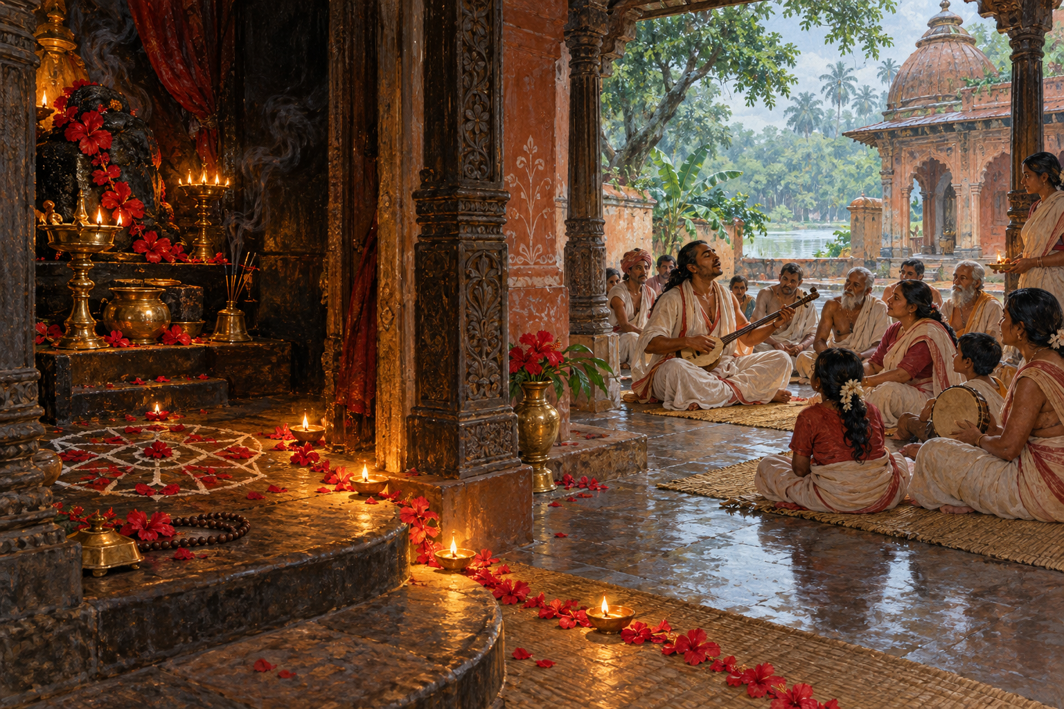 Ritual objects in a shadowed Bengali shrine lead into a bright courtyard where a mixed group listens to a devotional singer.