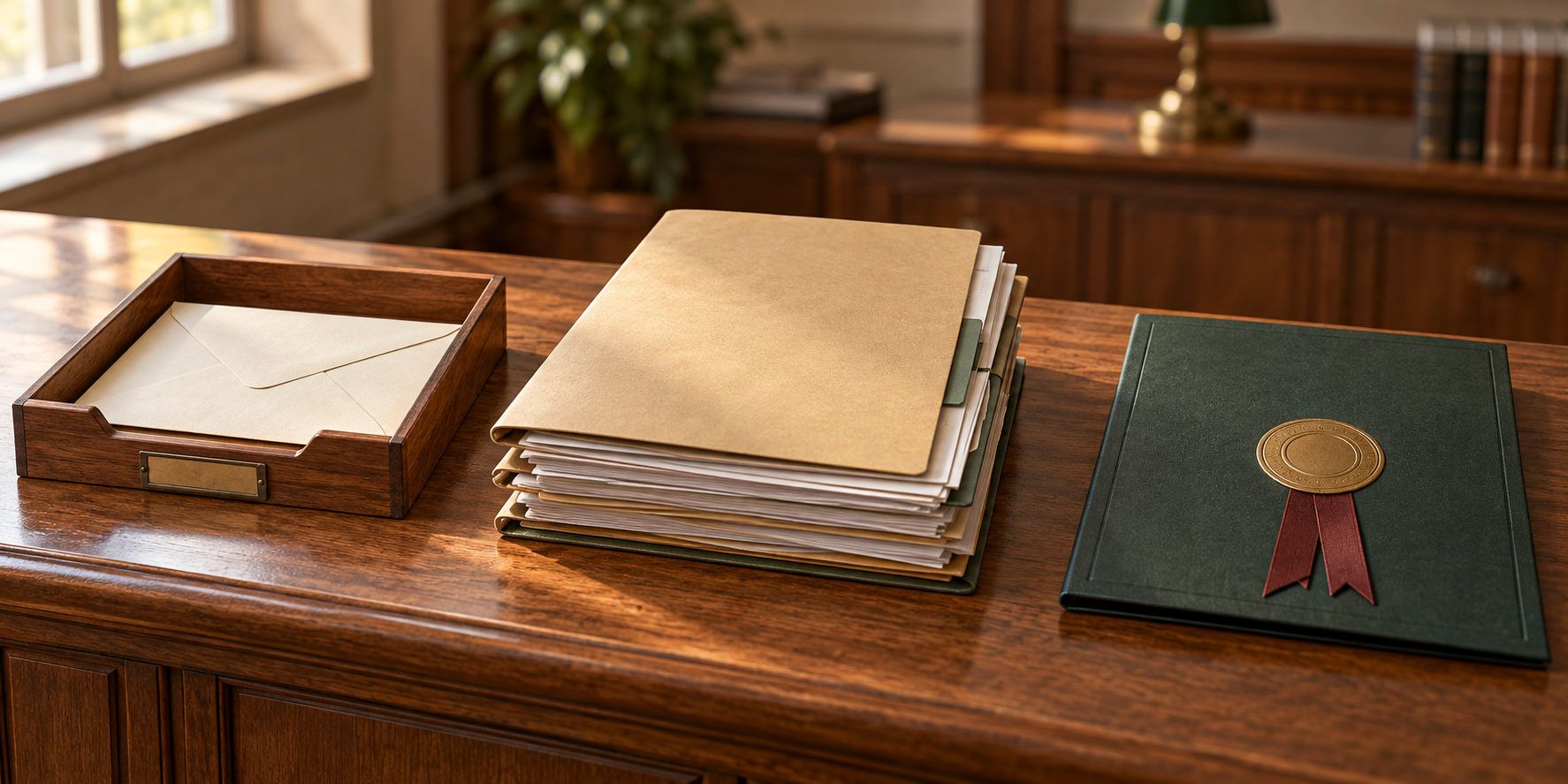 A delivered letter, a detailed application folder, and a sealed approval document are arranged as three separate administrative stages.