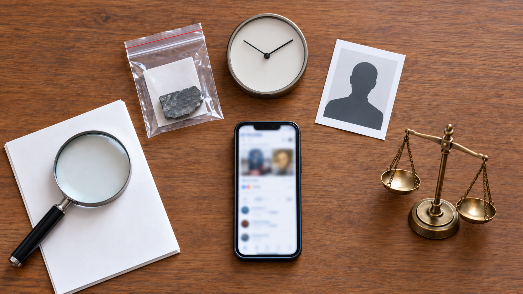 Five verification objects, including a magnifying glass, evidence pouch, clock, witness card, and scales, arranged around a smartphone.