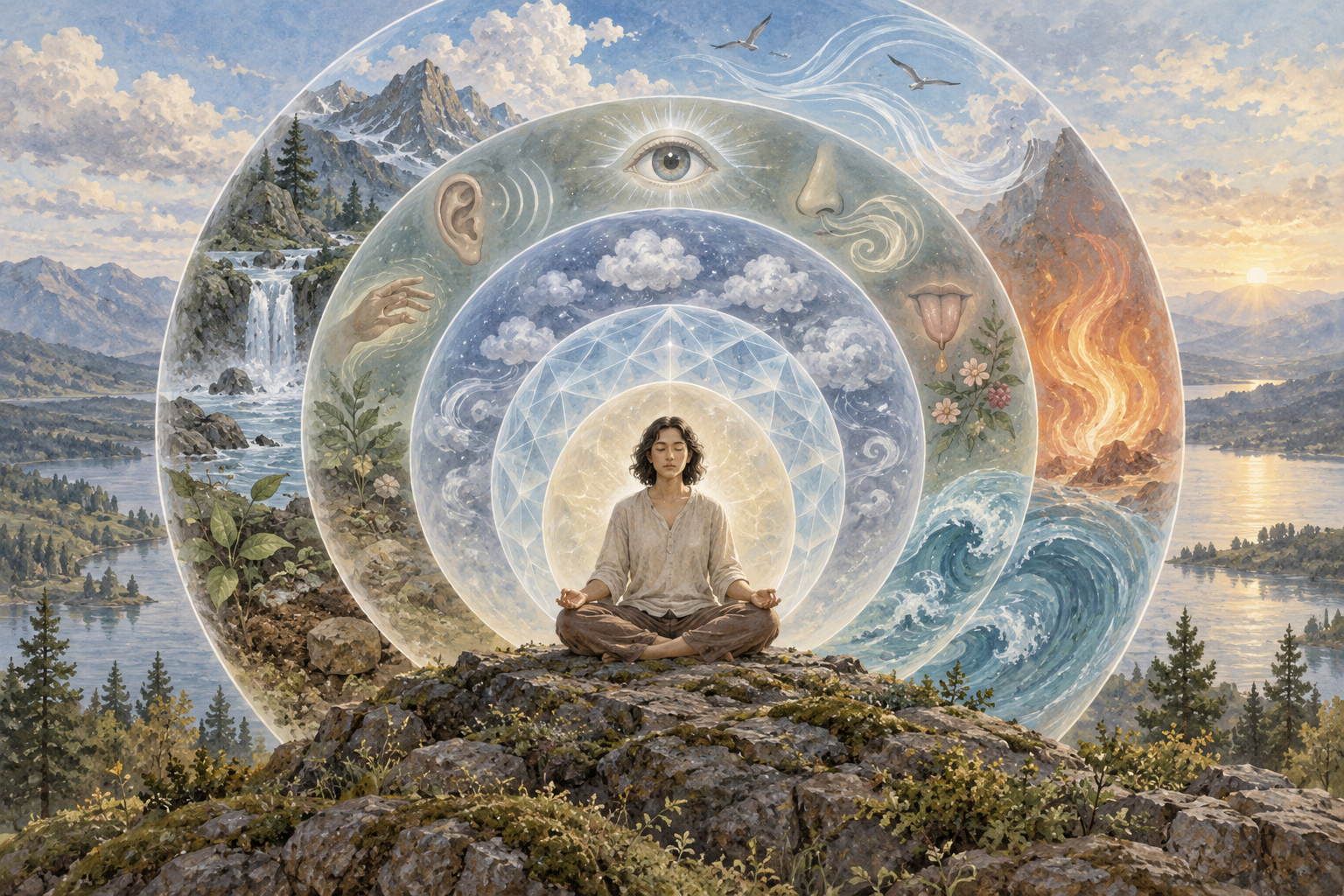 A seated figure encircled by nested layers representing natural elements, sensory impressions, thoughts, discernment, and ego.
