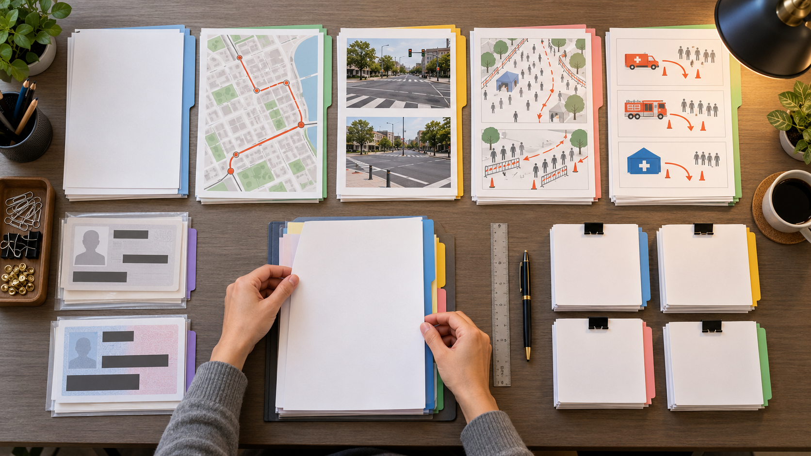 Hands organize route, safety, identity, and crowd-management materials into a structured event permission dossier.