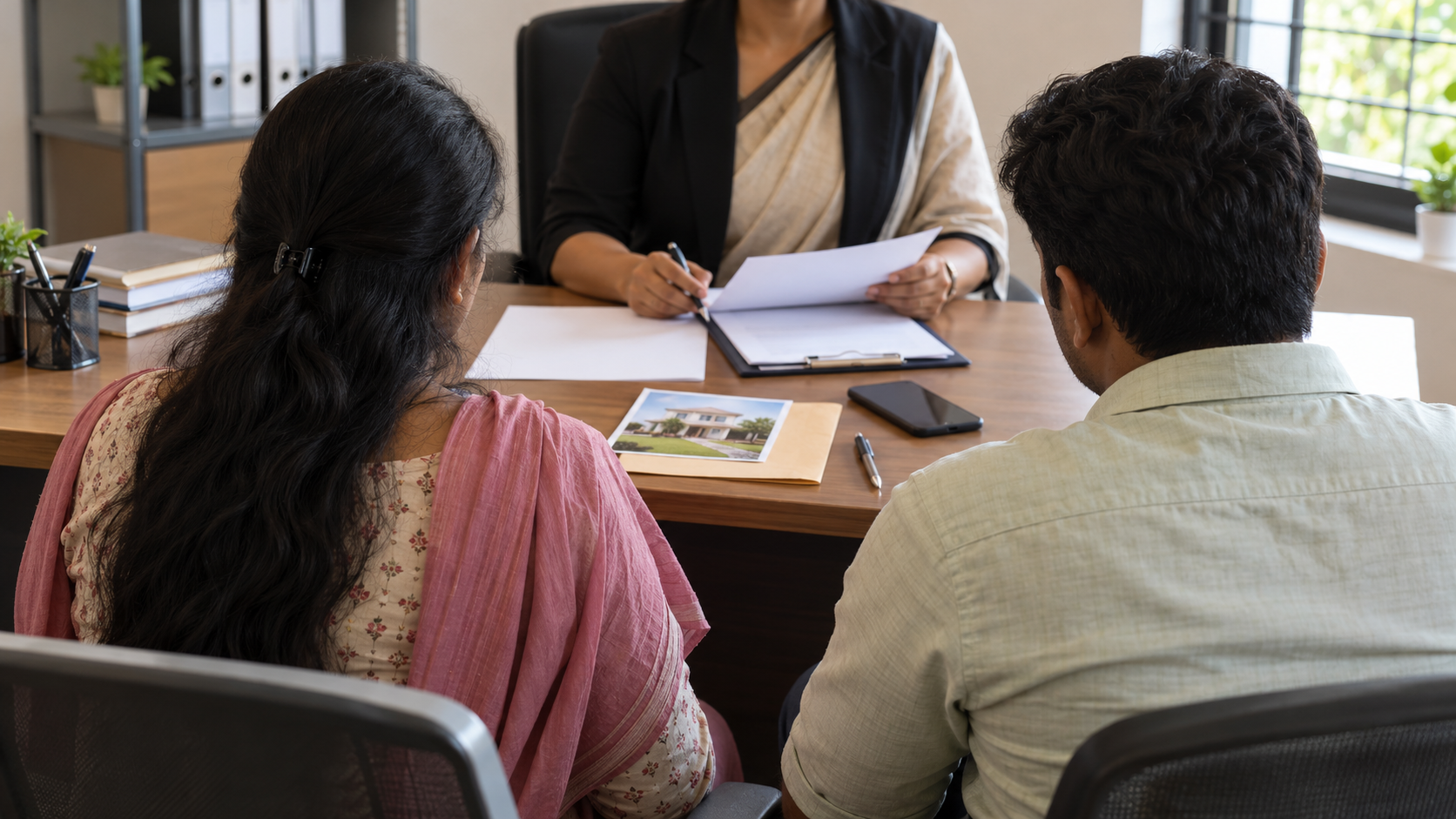 A woman and a support person speak with a professional at a help desk while blank documents and a phone lie on the table.