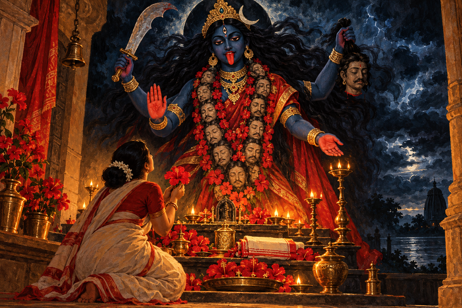A kneeling devotee offers a red hibiscus to a large four-armed image of Kali in an oil-lit Bengali shrine.