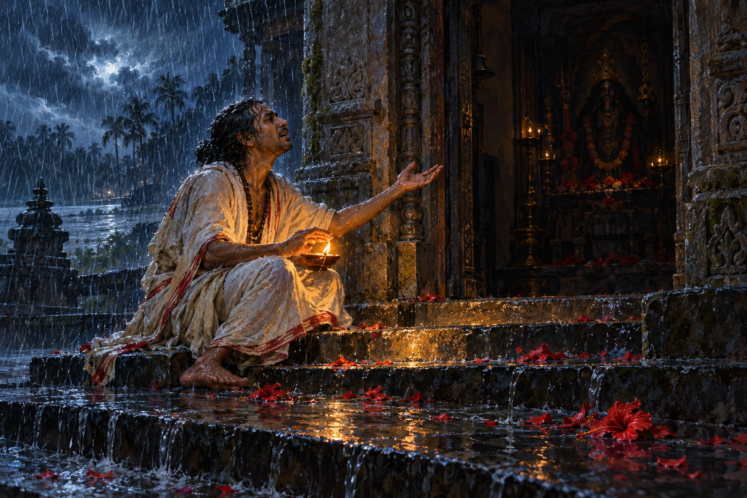 A Bengali poet sings toward a dark Kali sanctum while shielding an oil lamp during heavy monsoon rain.
