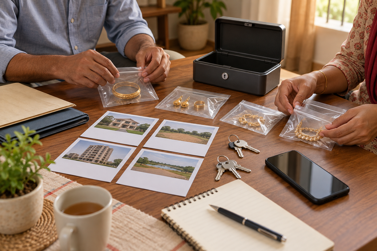 Family members organize jewelry, property records, keys, a phone, and a lockbox on a household table.